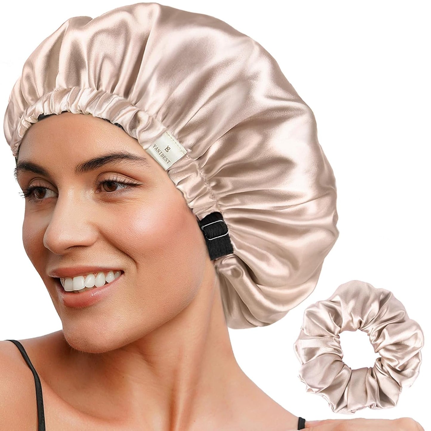YANIBEST Adjustable Silk Bonnet Double Layer Satin Bonnet Hair Bonnet for Sleeping Bonnets for Women Hats Curly Natural Hair, Champagne