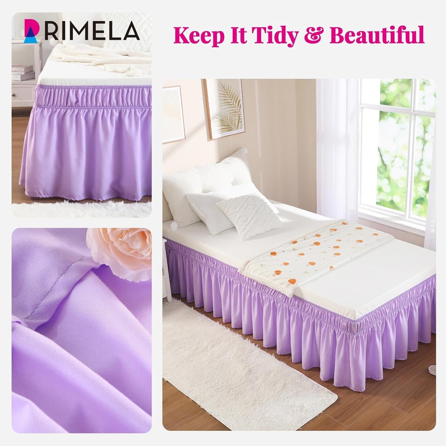 RIMELA Lilac Bed Skirt Full Size 15 Inch Drop, Elastic Bed Skirting for Bed Base and Frame, Bedding Dust Ruffle Easy to Install, Lightweight Wrap Around Adjustable Bedskirt