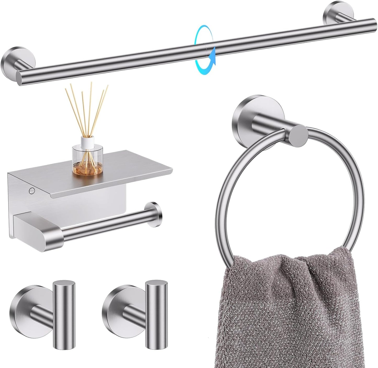 TQKAG 5 Piece Bathroom Towel Bar Holder Sets Brushed Nickel Bathroom Hardware Set Stainless Steel Toilet Paper Holder with Shelf Bathroom Accessories Kit Wall Mounted