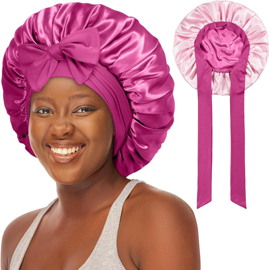Double Layered Silk Satin Bonnet with Tie for Sleeping Black Women, Wide Band Large Hair Wrap Sleep Cap for Curly Hair Braid