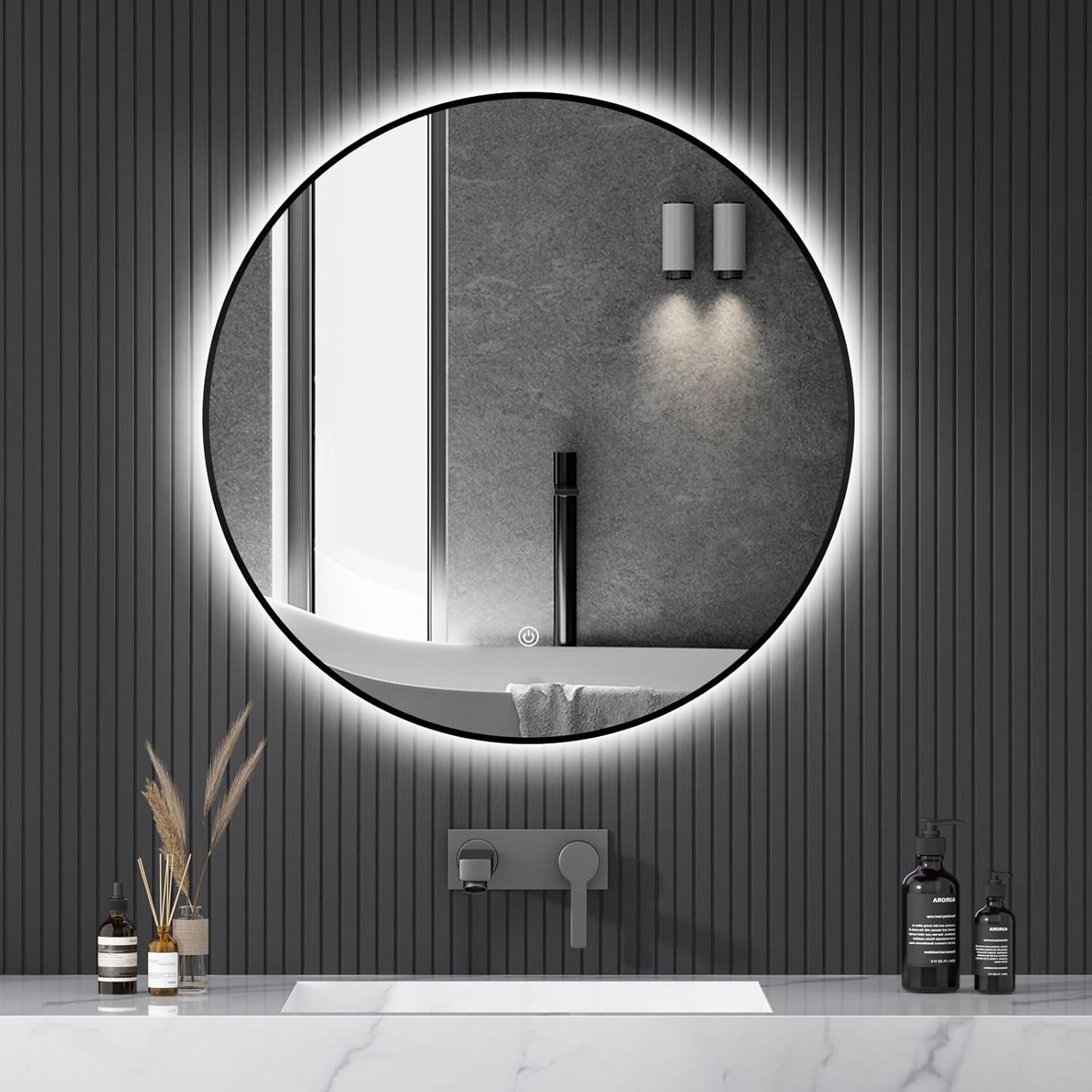 Niccy 36" LED Backlit Round Mirror for Bathroom, Black Framed Vanity Light Wall Mirror LED Smart Circle Mirrors with 3 Lighting Colors, Dimmable Lighted Mirror with Anti-Fog, IP65 Waterproof