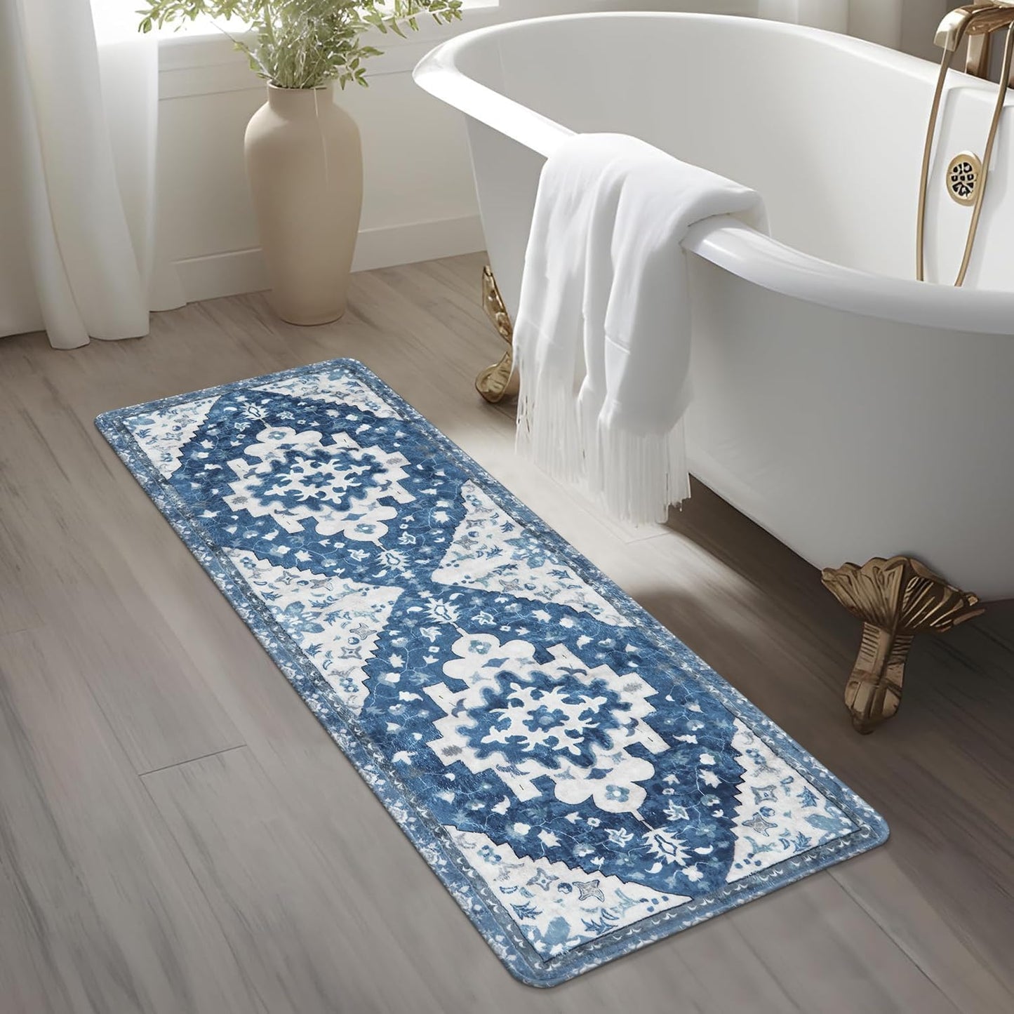 Uphome Boho Retro Bathroom Rug Runner Blue Non-Slip Soft Bath Mat Oriental Tribal Machine Washable Bath Rug Traditional Farmhouse Floral Long Rug for Shower Sink Entrance, 18x47 inch