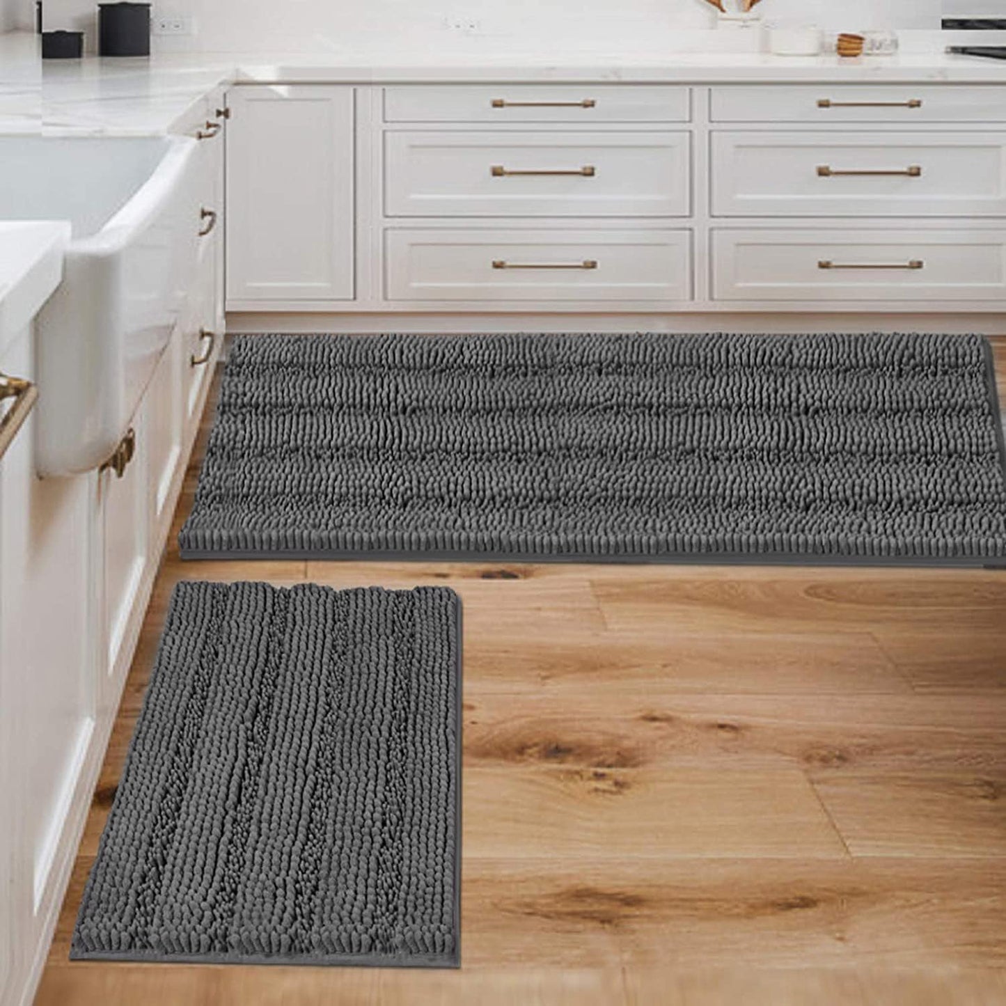 H.VERSAILTEX 2 Piece Bathroom Set - Super Absorbent Chenille Striped Bath Mats - Non Skid, Machine Washable - Grey, 47 x 17 Plus 17 x 24 - Inches