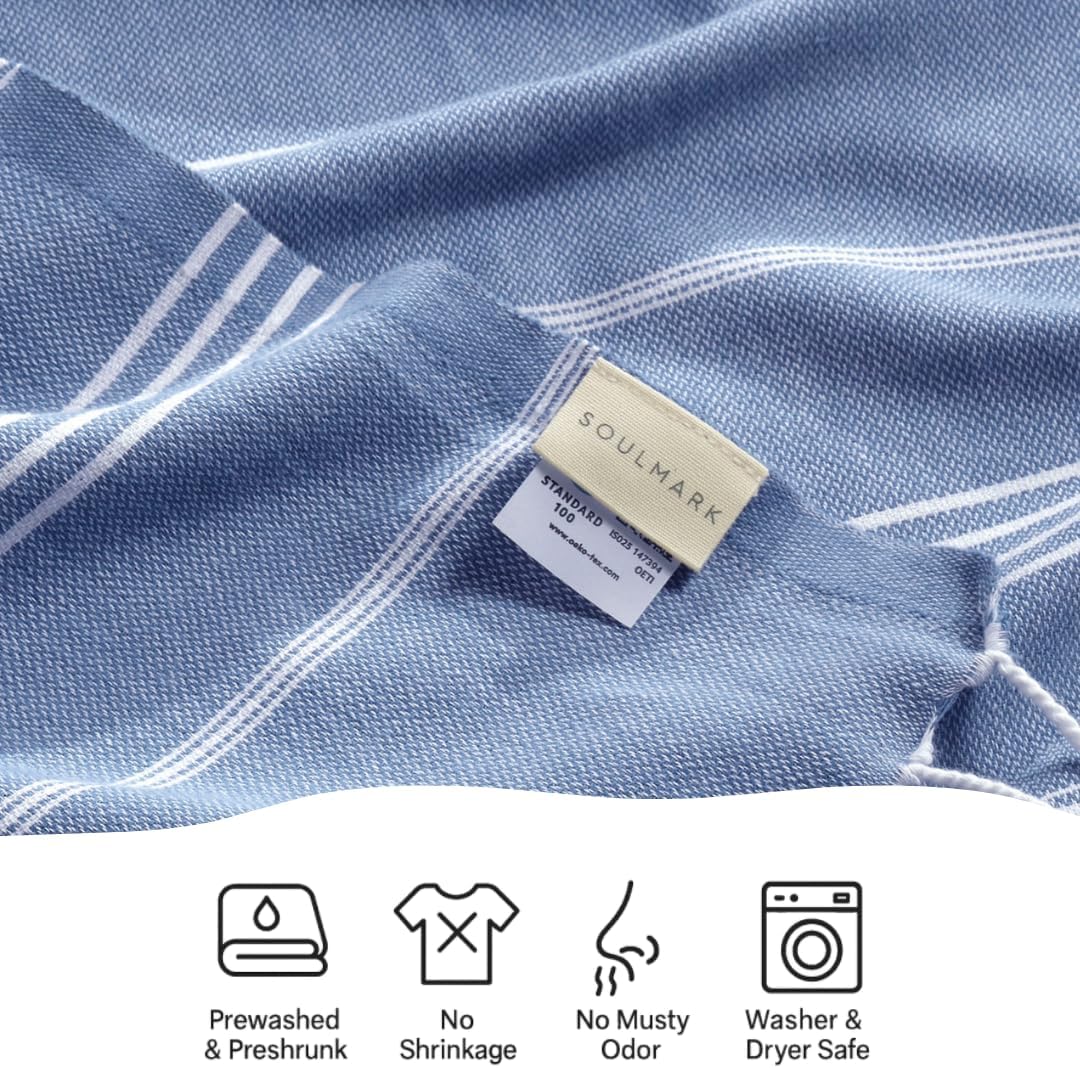 SOULMARK 100% Cotton Turkish Beach Towel with Bag - 38"x71" - 6 Pack - Made in Green & Oeko TEX Certified - Pre-Washed & Sand Free - Quick Dry and Lightweight for Travel - Made in Turkey - Light Blue