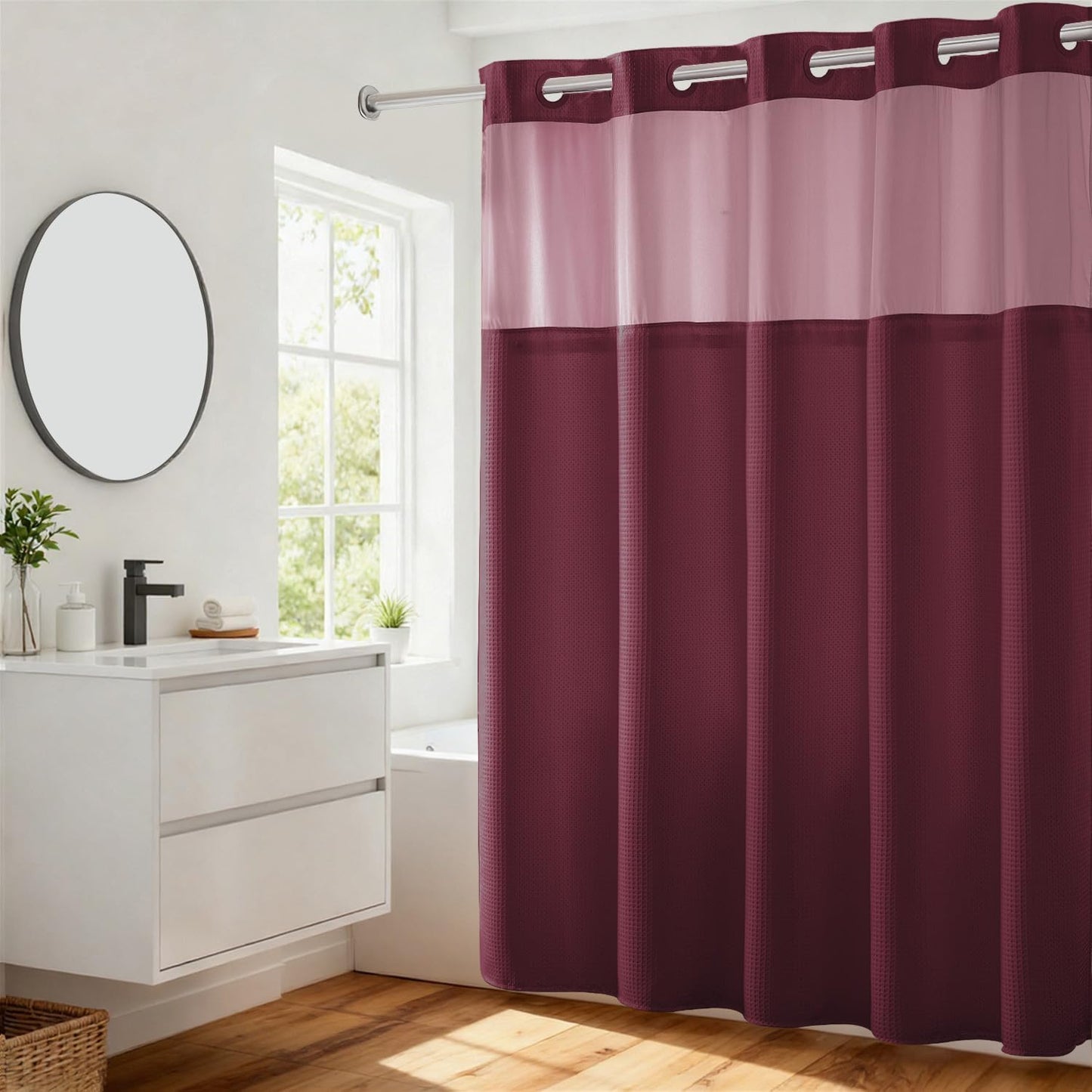 River Dream Heavyweight No Hooks Required Dotted Waffle Weave Shower Curtain with Snap in Liner - 71W x 74H,Hotel Grade,Spa Like Bath Curtain,Red Rio