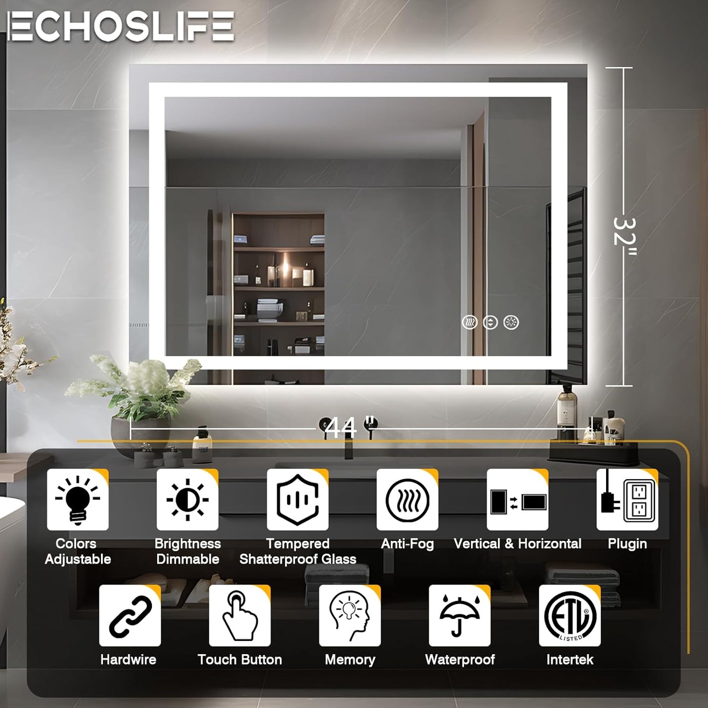 44"x32" Bathroom Mirror with LED Lights, Front & Backlit, Anti-Fog, Dimmable, Waterproof & Corrosion Proof (Horizontal/Vertical)