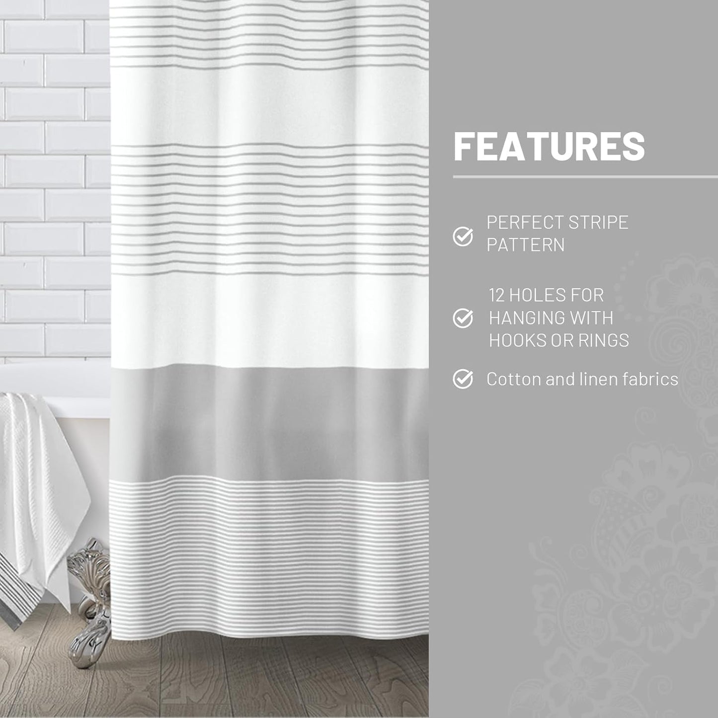 Awellife Boho Gray Shower Curtain for Bathroom Stripe Shower Curtain Boho Farmhouse Cotton Grey 72" L x 36" W