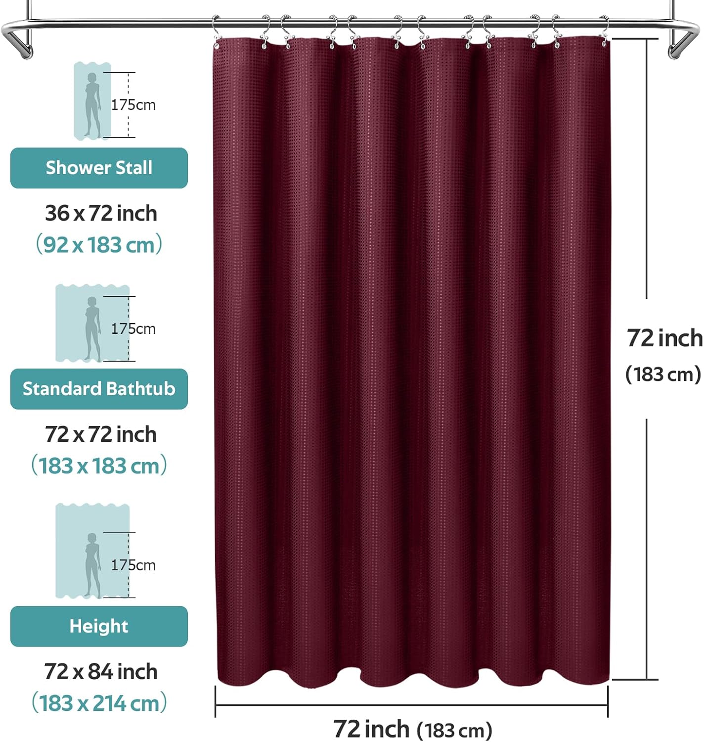 3 in 1 Shower Curtain Set, Waffle Shower Curtain and Liner Set with 12 Double Sided Shower Curtain Hooks, 258GSM Luxury Weighted Cloth Shower Curtains for Bathroom, 72 W x 72 H, Burgundy