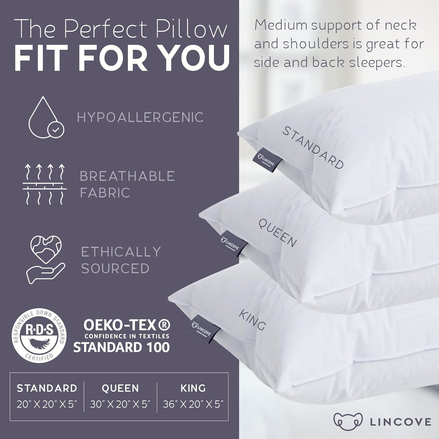 Lincove Recreation Sleeping Pillow, Filled with Premium Down, 600 Fill Power – Includes A Pillow Protector, 400 Thread Count Pillow Shell, King - Medium, 1 Pack