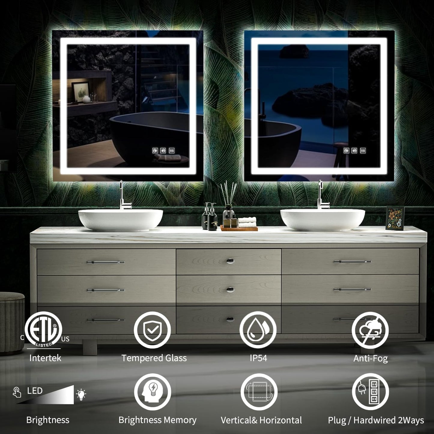 LED Mirror for Bathroom, 36x36 Inch Backlit + Front Lighted Bathroom Vanity Mirror with Lights for Wall, Double Light Strips, 3 Colors, Shatter-Proof, Anti-Fog and Brightness Memory