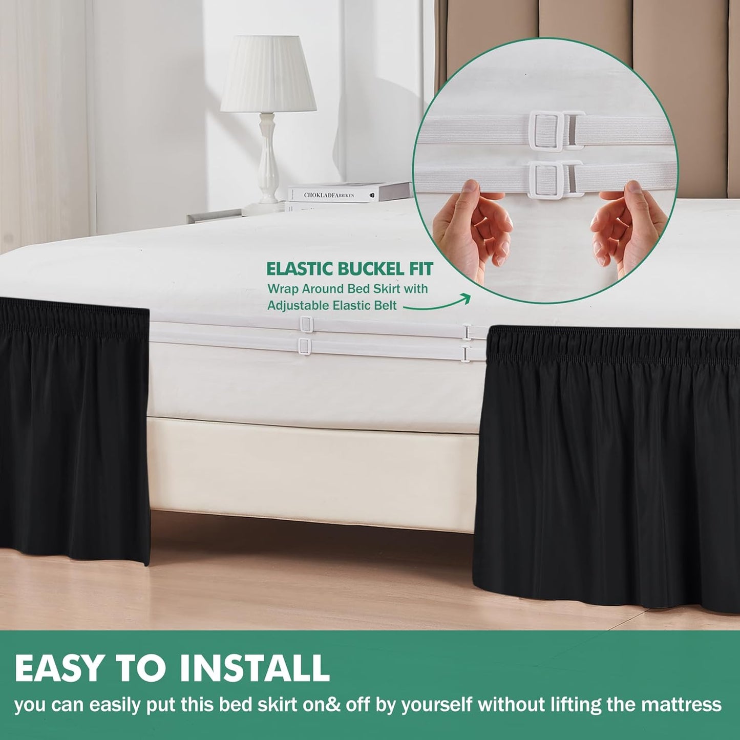 Biscaynebay Wrap Around Bed Skirts with Split Corners for Full Beds 14" Drop, Black Elastic Dust Ruffles Adjustable Easy Fit Wrinkle & Fade Resistant Silky Luxurious Fabric Machine Washable
