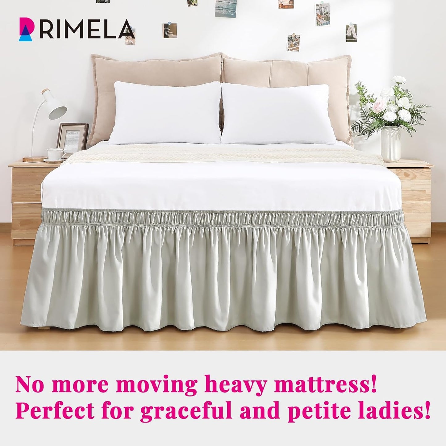 RIMELA Light Grey Bed Skirt King Size 18 Inch Drop, Wrap Around Elastic Bedskirt, Dust Ruffle for Adjustable Bed Base Machine Washable Easy to Install Bed Skirts