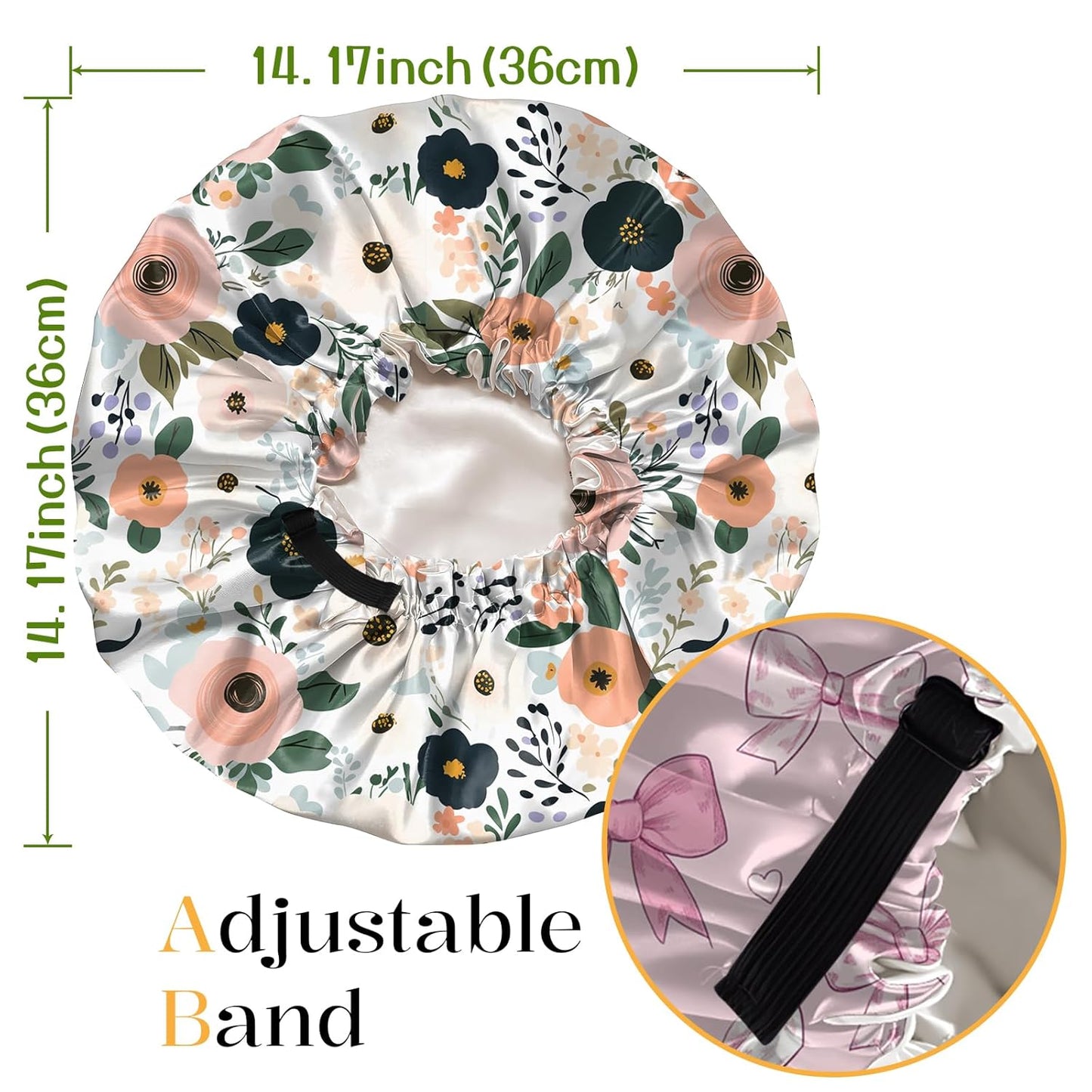 2 PCS Bonnets for Women Girls Satin Hair Bonnet Silk Adjustable Elastic Double Layer Hair Wrap Sleep Cap Comfort Cute-Bowknot Flower