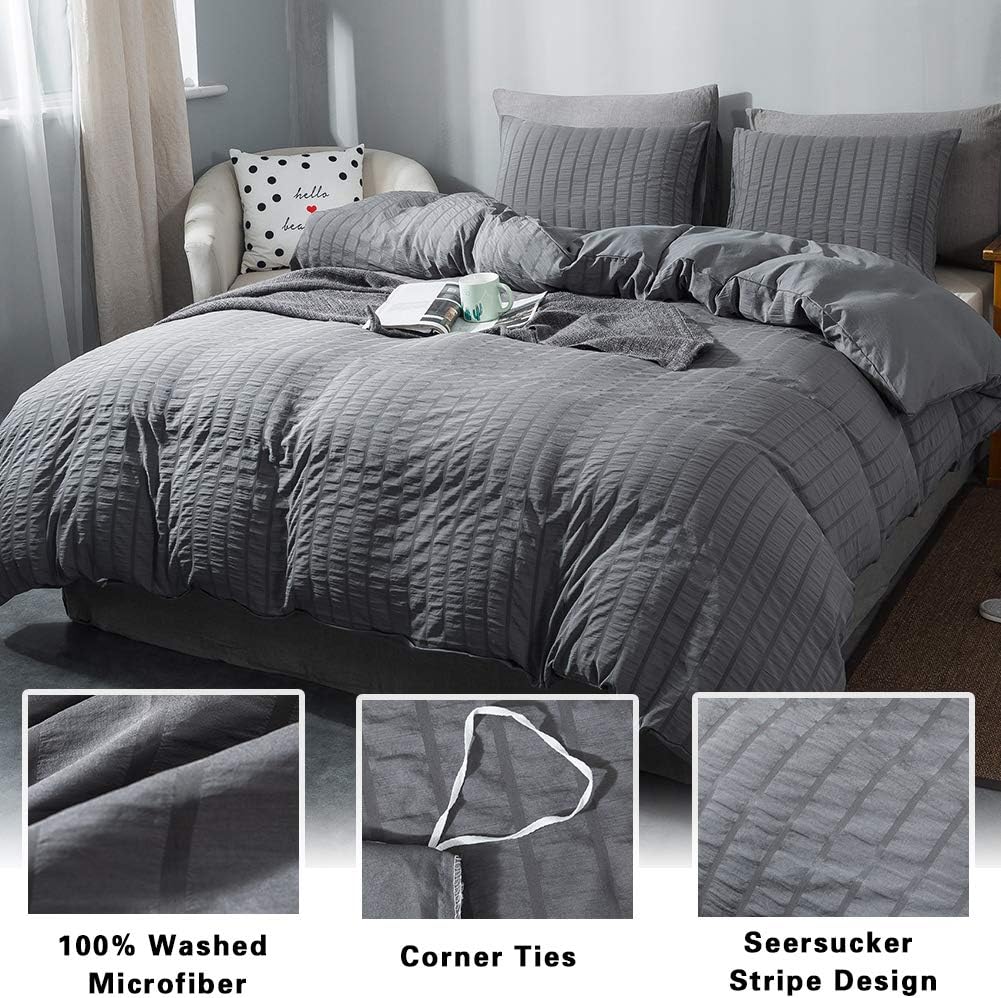 AveLom Seersucker Duvet Cover Set California King Size (104 x 98 inches), 3 Pieces (1 Duvet Cover + 2 Pillowcases), Grey Soft Washed Microfiber, Textured Duvet Cover with Zipper Closure, Corner Ties