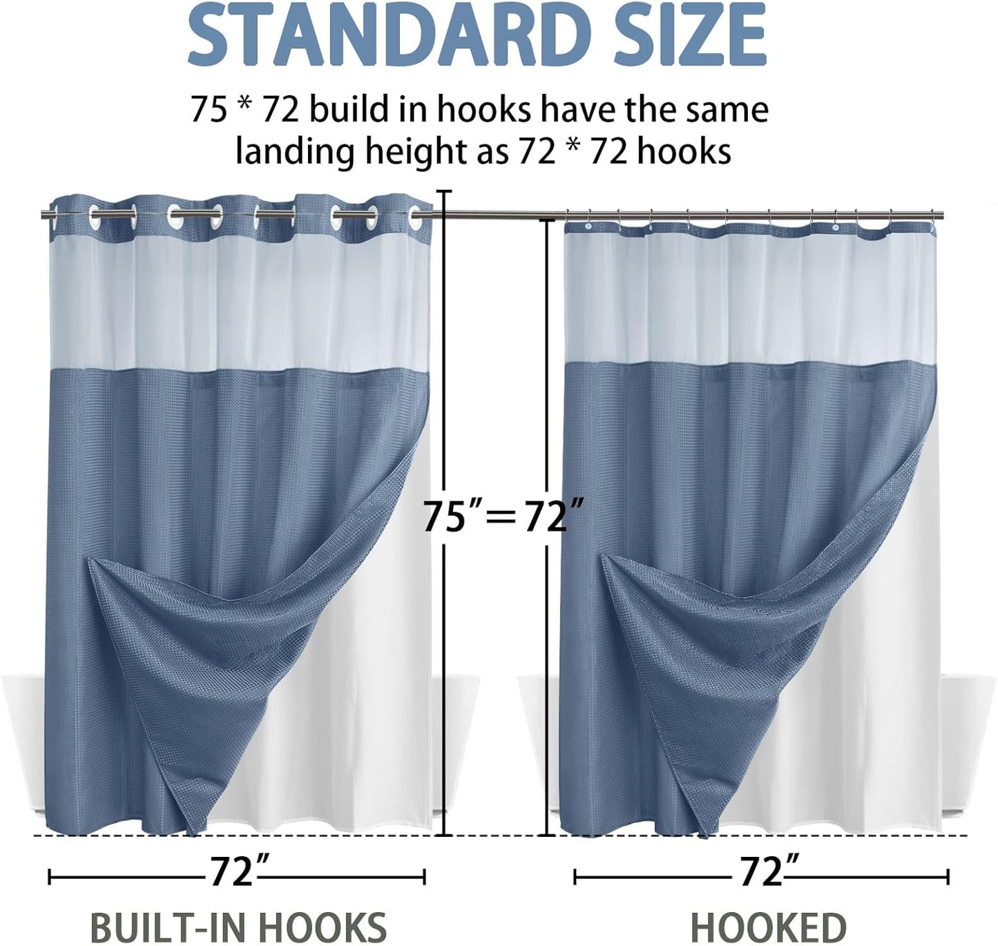 YellyHommy No Hook Shower Curtain with Snap in Liner Set Less Time Waffle Shower Curtain for Bathroom 75" L x 72" W Sky Blue
