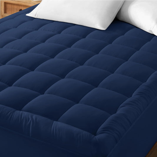 Bare Home King Mattress Topper Cotton Top - Plush Topper for Mattress - Fitted Mattress Cover - Cooling Breathable Air Flow - 8" to 21" Deep Pocket - Soft Mattress Pad (King, Dark Blue)