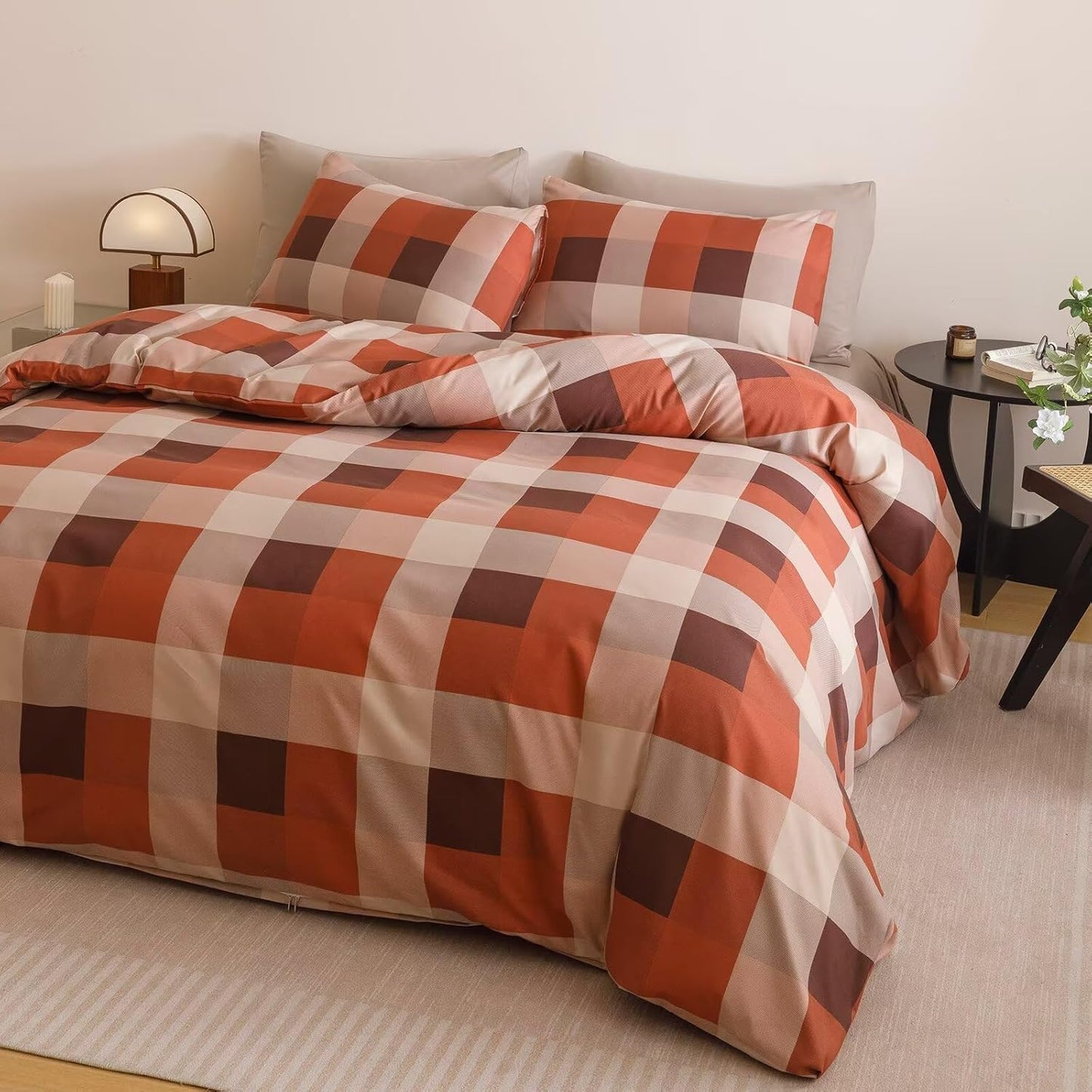 Cottonight Checkered Red Comforter Set Cal King Gingham Grid Bedding Set Red and Khaki Grid Comforter Fluffy Soft Blanket Quilts Modern Cottagecore Comforter California King Bed