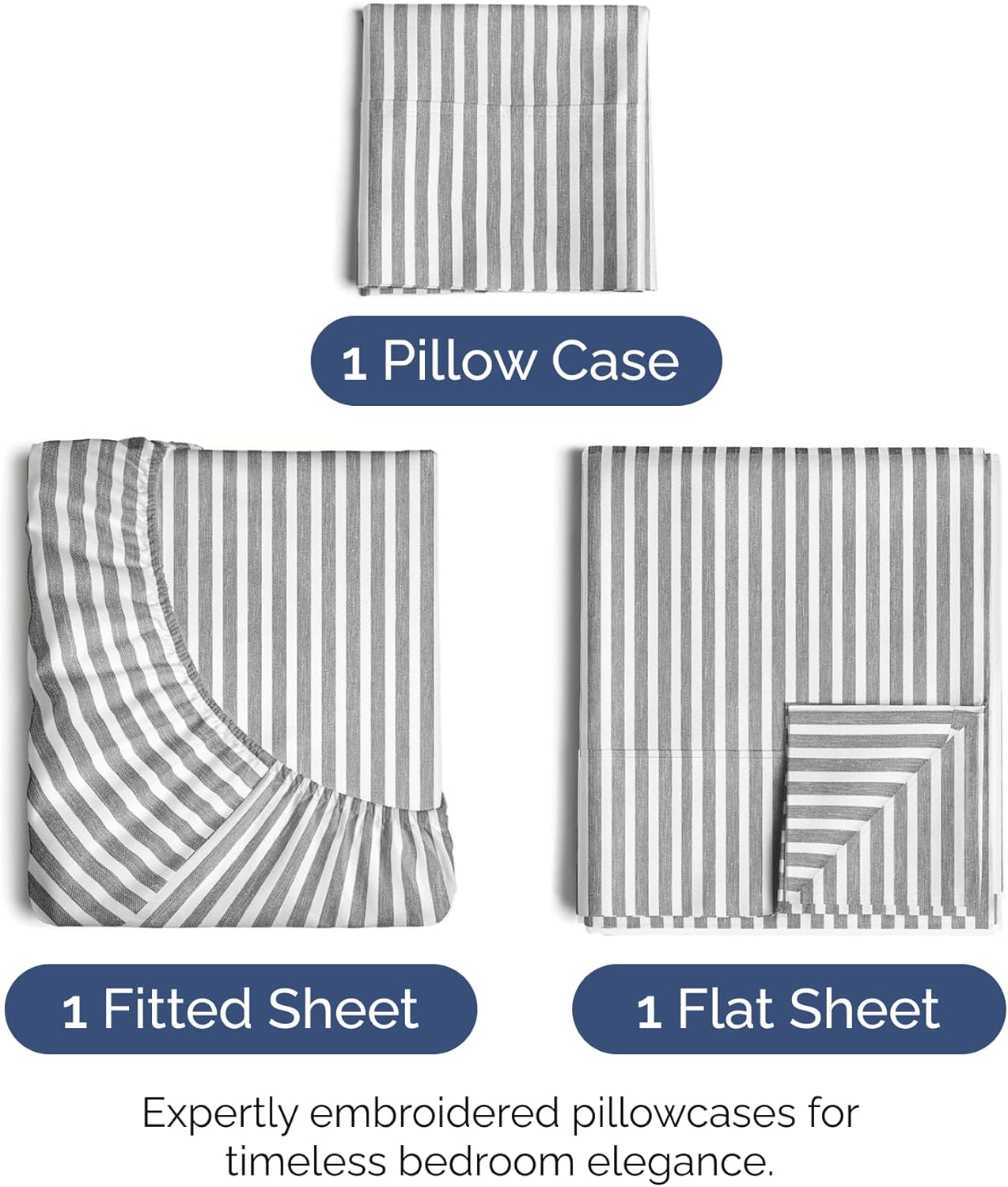 Twin Size 3-Piece Sheet Set - Extra Soft, Breathable & Cooling - Hotel Luxury Durable Bed Sheets - Deep Pockets, Easy-Fit & Wrinkle-Free - Grey Stripes Oeko-Tex