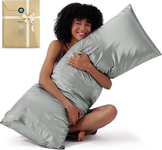 Bedsure Satin Body Pillow Pillowcase - Similar to Silk Body Pillow Cover Case with Envelope Closure,Cooling and Silky Long Pillowcase for Hair and Skin,Grey,20x54 Inches