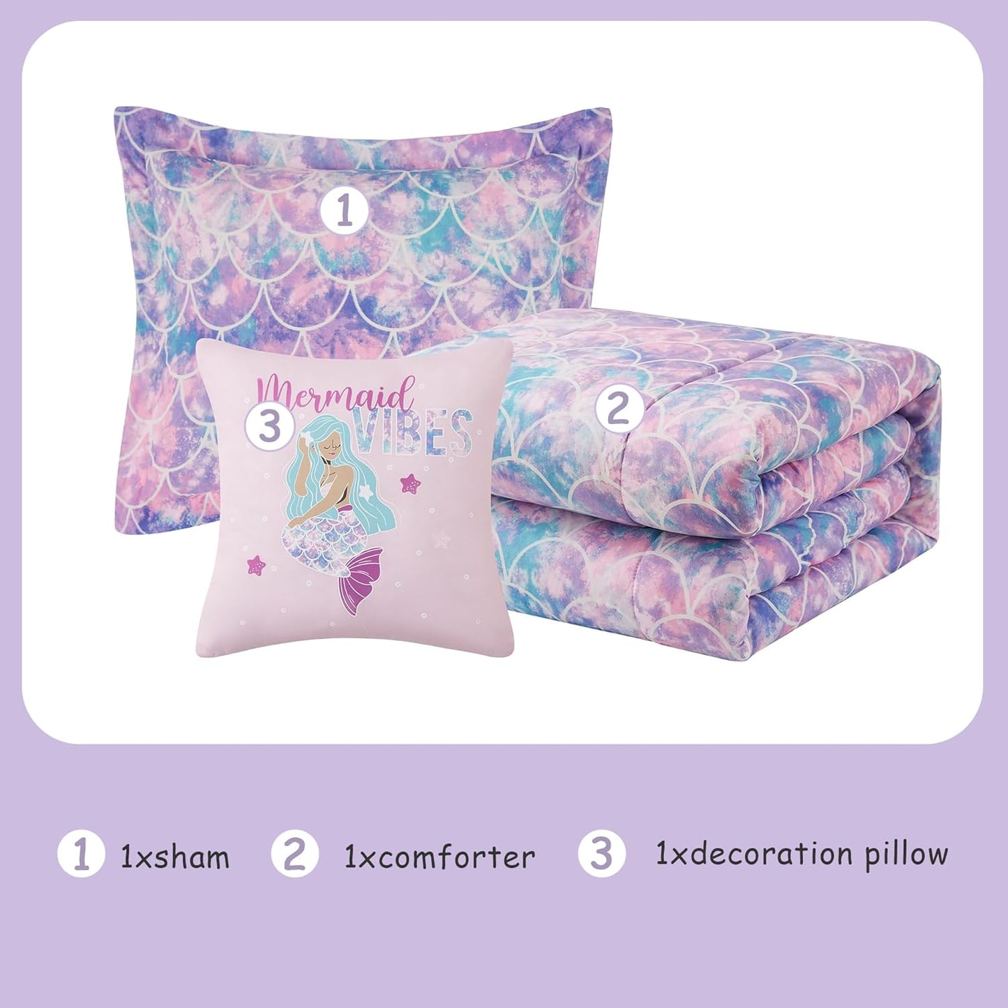 Twin Comforter Set for Girls- 3 Pieces Glow in The Dark Mermaid Twin XL Bedding Set with 1 Comforter, 1 Decor Pillow & 1 Pillow Shams
