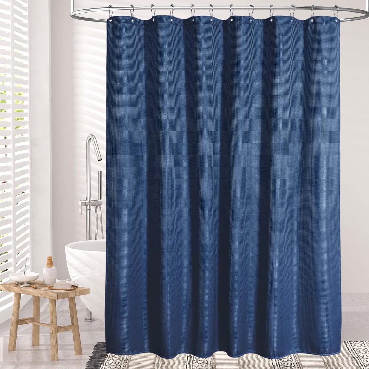 AmazerBath Waffle Shower Curtain, Navy Blue Fabric Shower Curtain with Waffle Weave, Heavy Duty Hotel Quality, 72 x 72 Inches