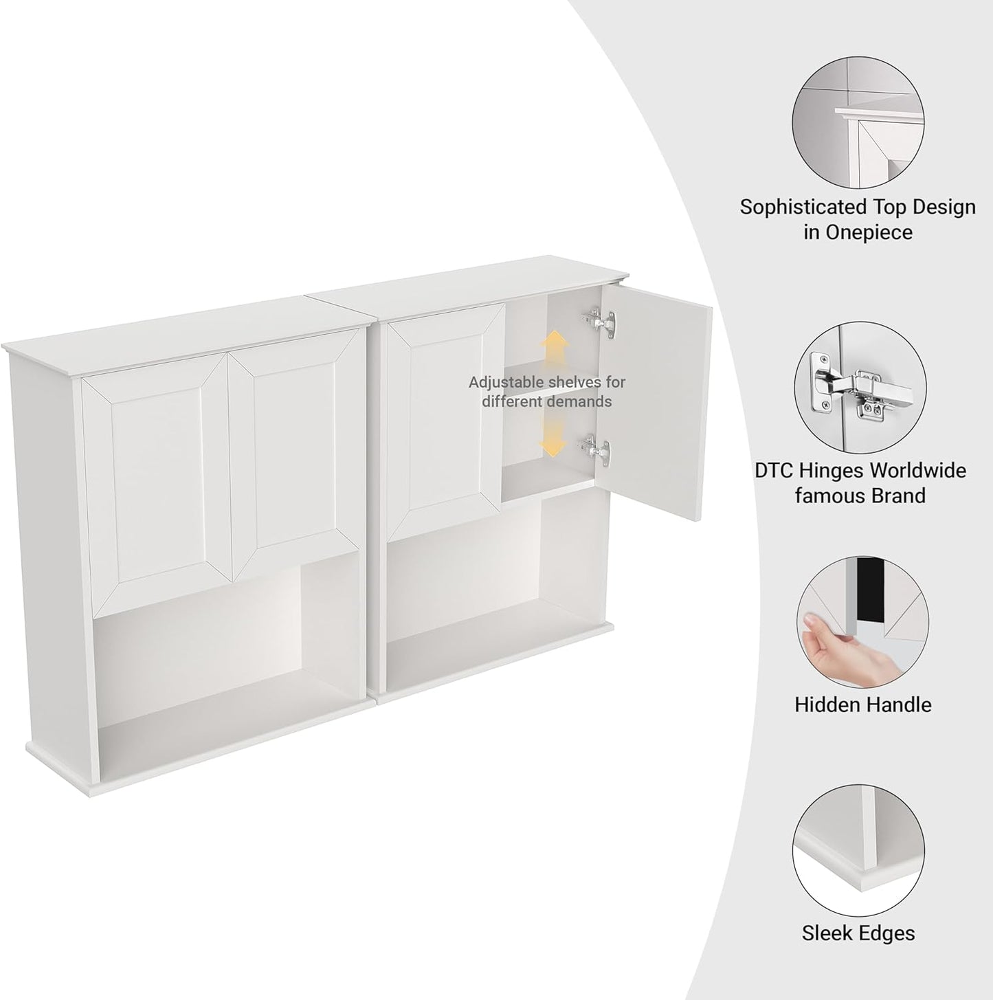 Bathroom Wall Cabinet Wooden with 2 Doors,Over the Toilet Storage Cabinet,Bathroom and Laundry Wall Mount Storage Medicine Cabinet with Open and Adjustable Shelf,Easy Assembly (Style A-2 PC, White)