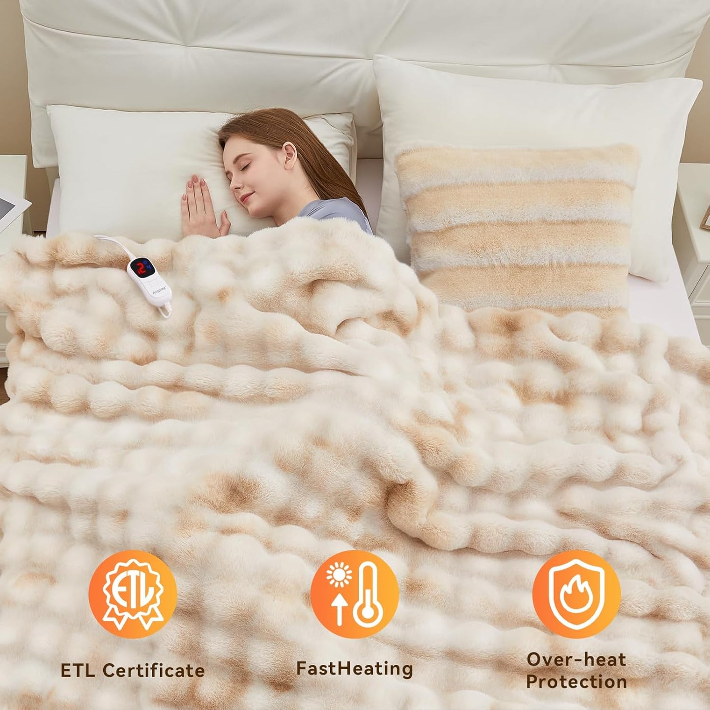 Heated Blanket Full Size with 1/2/4/6/8 Hours Auto-Off 10 Heat Level, 62'' * 84'' Cozy Faux Rabbit Fur Bubble Electric Blanket with Overheat Protection(Tie-Dye Beige)