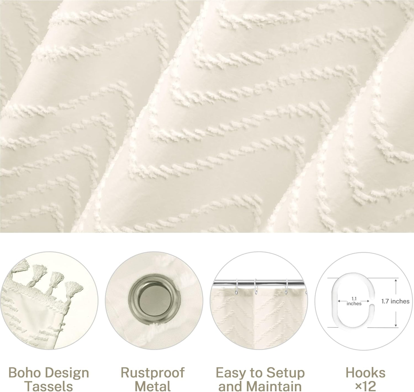 Extra Long Boho Shower Curtain Woven Fabric 84 in Cream Shower Curtain, 72 x 84, Tufted Chevron Striped Modern Chic Textured Minimalist Bathroom Shower Curtains