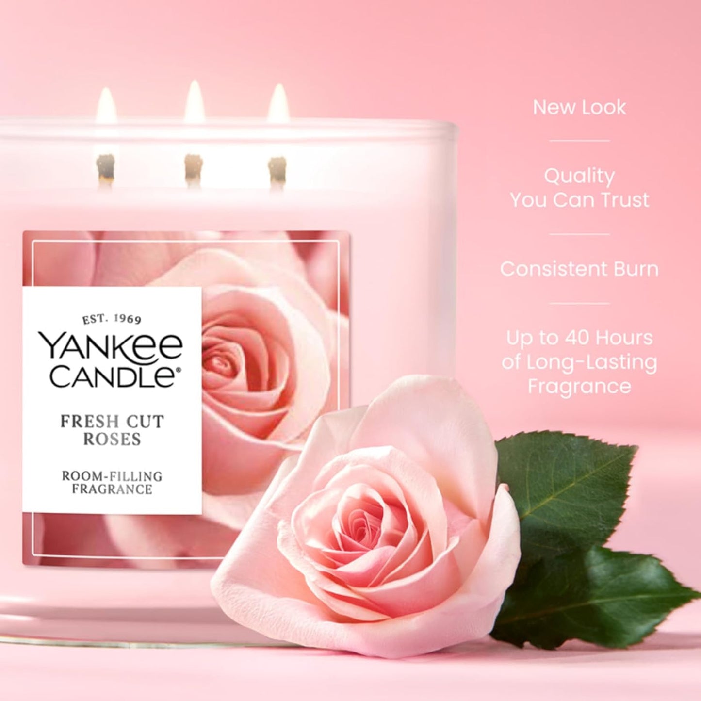 Yankee Candle Fresh Cut Roses, Scented Candle, 14.5oz 3-Wick Candle Jar with up to 40 Hours Burn Time, Giftable