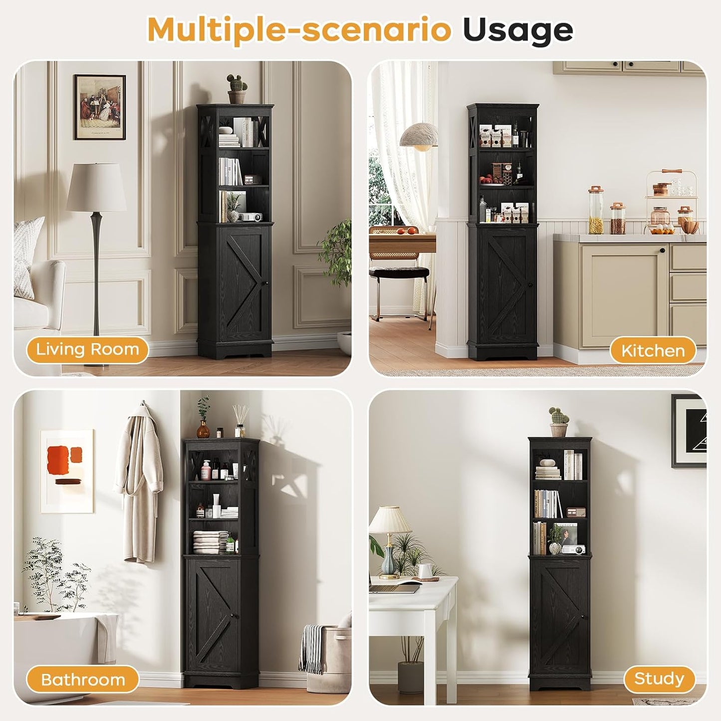 Tall Bathroom Storage Cabinet with Door and Open Adjustable Shelves, 60.9" H Wooden Tower Corner Narrow Farmhouse Cabinet, Freestanding Organizer for Kitchen, Entryway Black