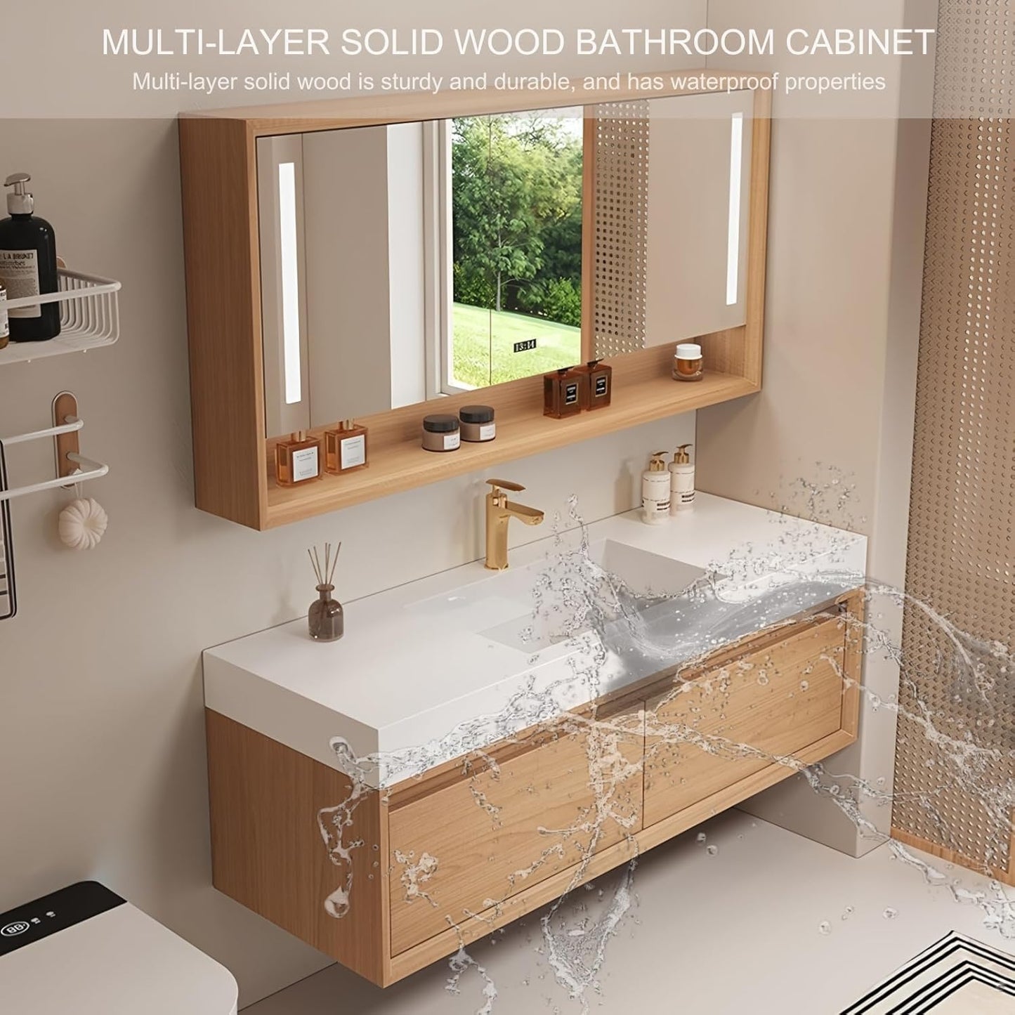 Single Sink Bathroom Vanity, 60Inch Modern Bathroom Vanity Set Includes LED Smart Defogging Mirror Cabinet and Open Shelf, Floating Vanities with One Piece Sink and Drawers Storage(Original Wood )