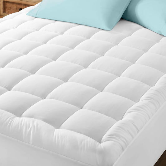 Bare Home Queen Mattress Topper Cotton Top - Plush Topper for Mattress - Fitted Mattress Cover - Cooling Breathable Air Flow - 8" to 21" Deep Pocket - Soft Mattress Pad (Queen, White)