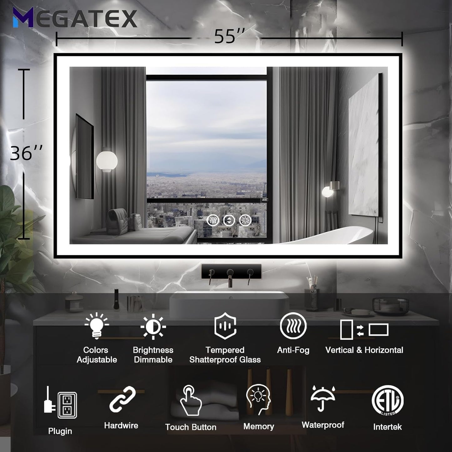 55x36 LED Bathroom Mirror, Black Aluminum Framed, Backlit + Front-Lit, 3 Colors Temperature Changeable, Dimmable Vanity Mirror, Tempered Glass, Defog, Waterproof, Memory (Horizontal/Vertical)