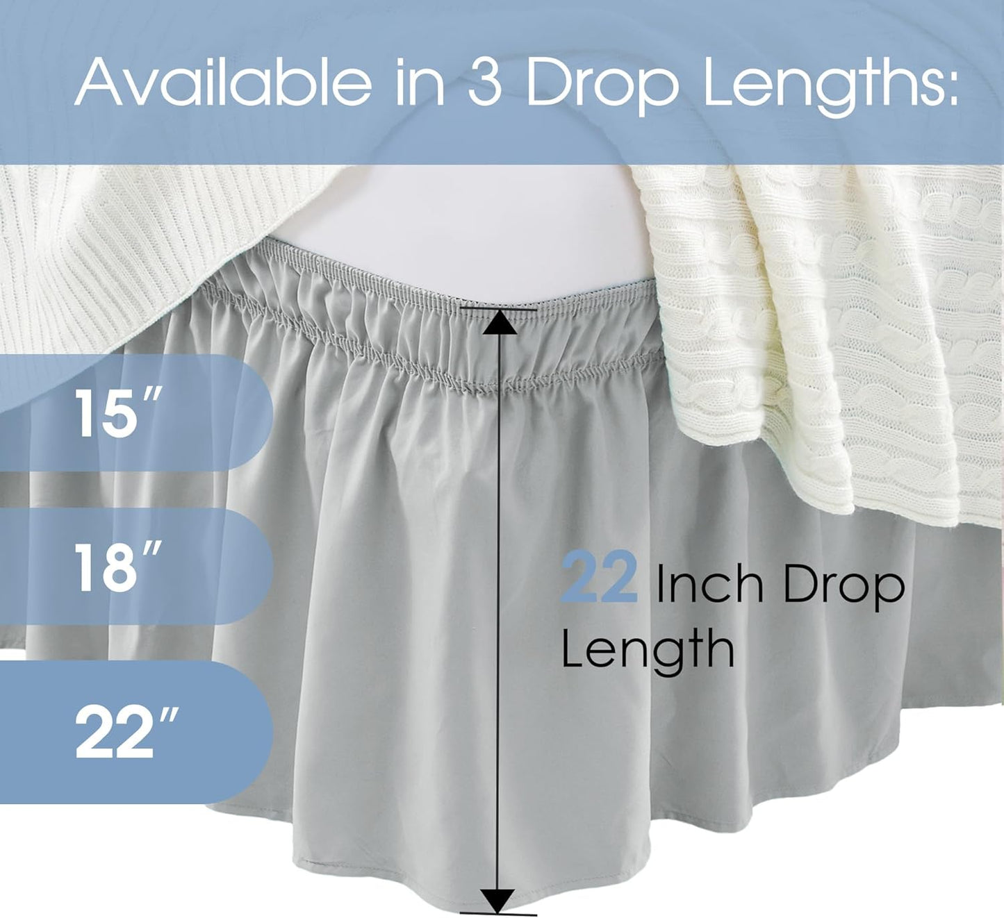 FreshCulture Elastic Wrap Around Bed Skirt - Easy Fit with 22-Inch Tailored Drop, Hotel Quality Dust Ruffle for Full Size Bed (Light Grey)