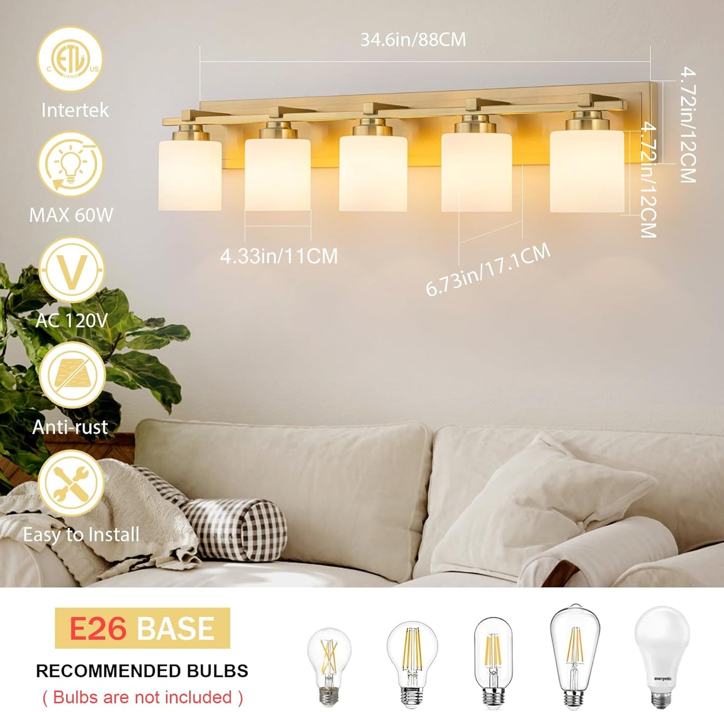 5 Light Modern Bathroom Light Fixtures Over Mirror, Brass Finish Vanity Lights for Bathroom Wall Sconces with Milky White Glass Shades, E26 Socket (Bulbs Not Included)