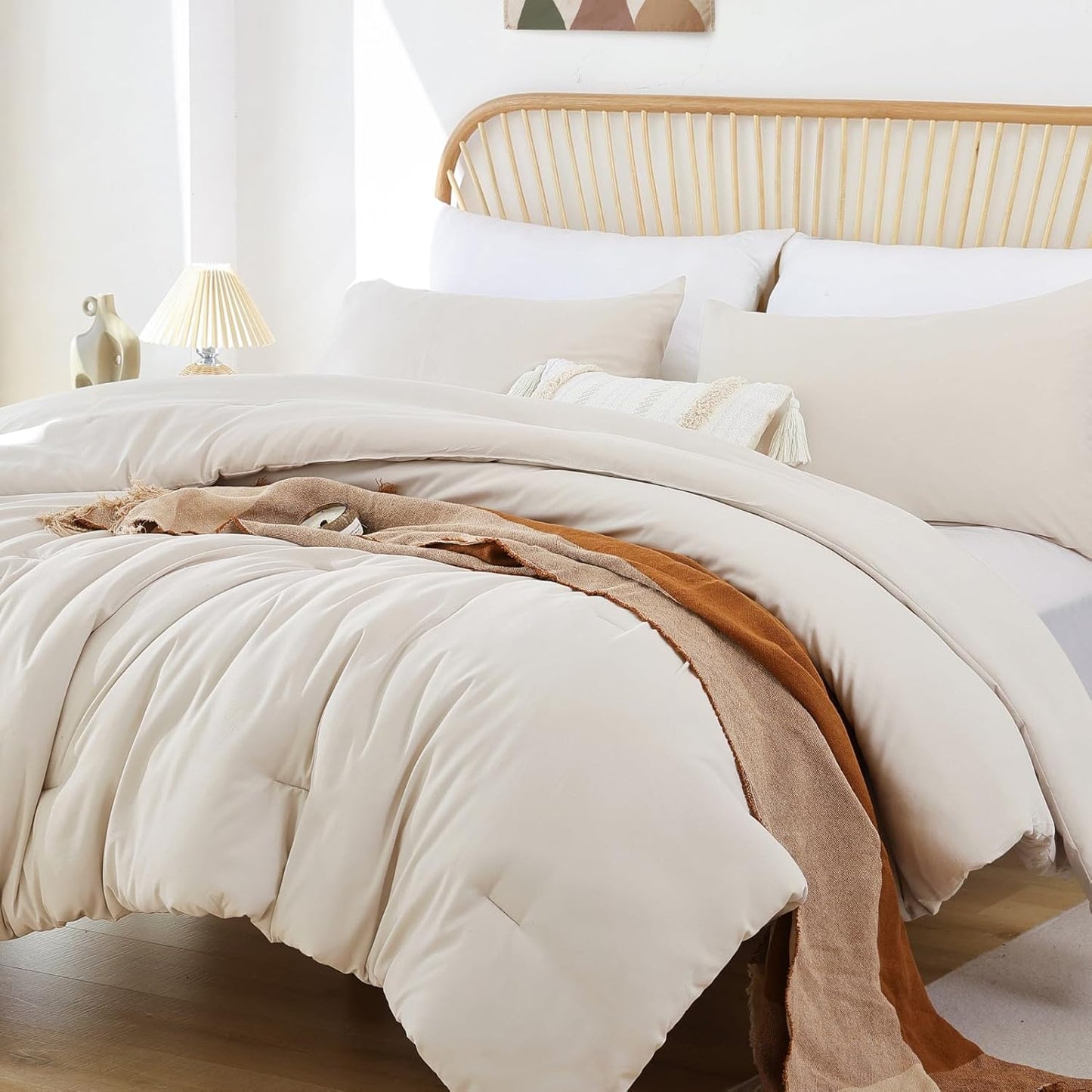ROSGONIA Comforter Full Size for Girls Boys Teens Beige, 3pcs (1 Boho Comforter & 2 Pillowcases), Lightweight Dorm Bedding Soft All Season Bed Set