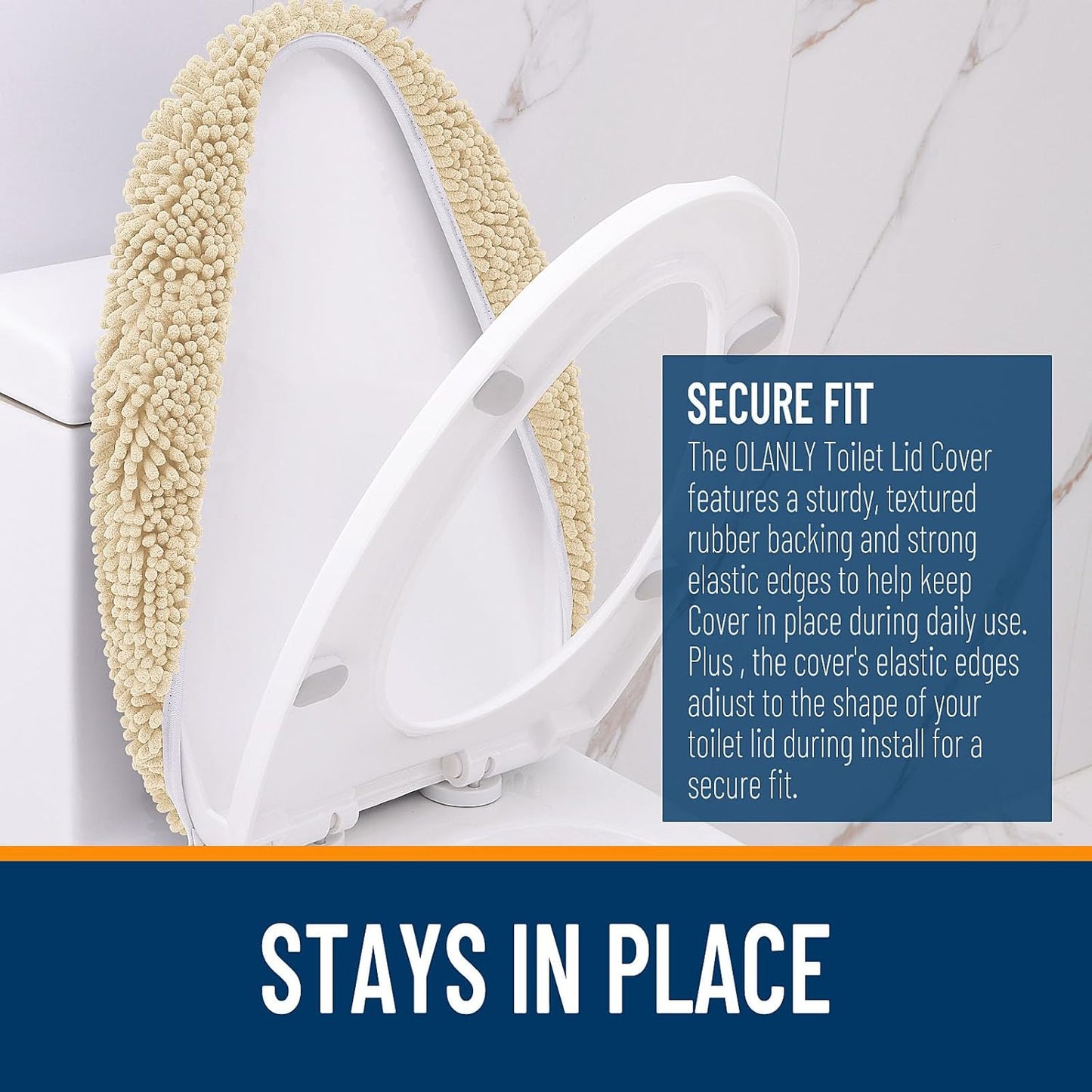 OLANLY Soft Chenille Bathroom Toilet Lid Cover, Machine Washable Seat Covers, 17.5x15, Stays in Place Rubber Backing, Fits Most Round, Elongated and Oblong Lids, Accessories Decor, Beige