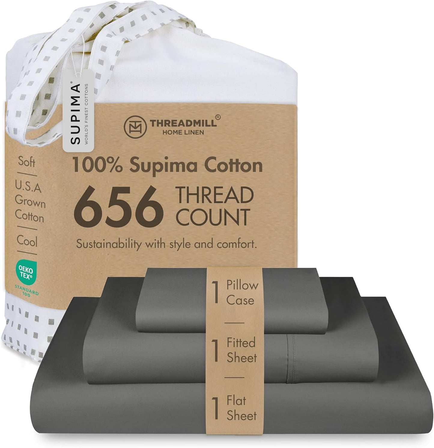 Threadmill Twin XL Sheet Sets |656 Thread Count 100% Supima Cotton Sheets for Twin XL Mattress | Solid Sateen Twin XL Bed Sheets Set with 16” Deep Pocket | Soft 3-Piece Cooling Sheet Set | Dark Grey