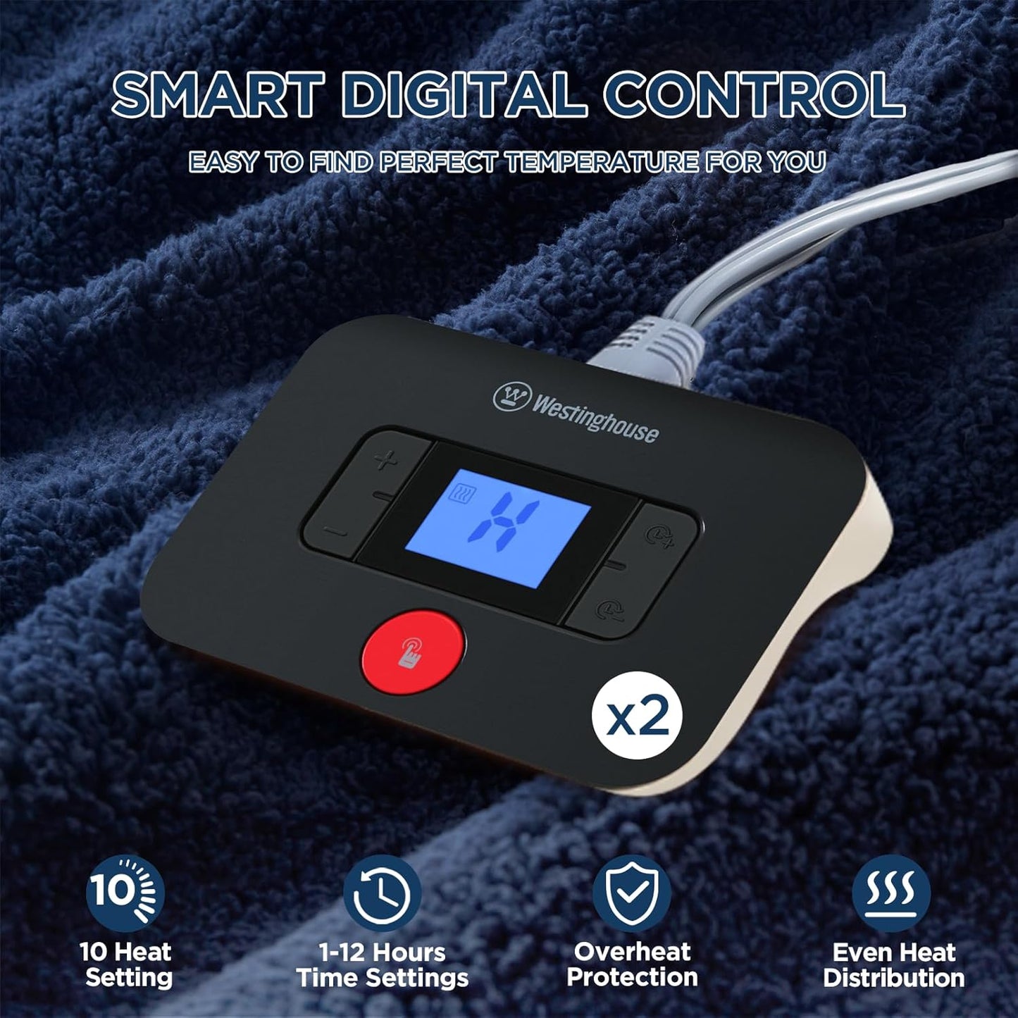 Westinghouse Electric Blanket Queen Size, Soft Plush Sherpa Heated Blanket with 10 Heating Levels & 1-12 Hours Auto-Off, Machine Washable, 84x90 inches, Navy