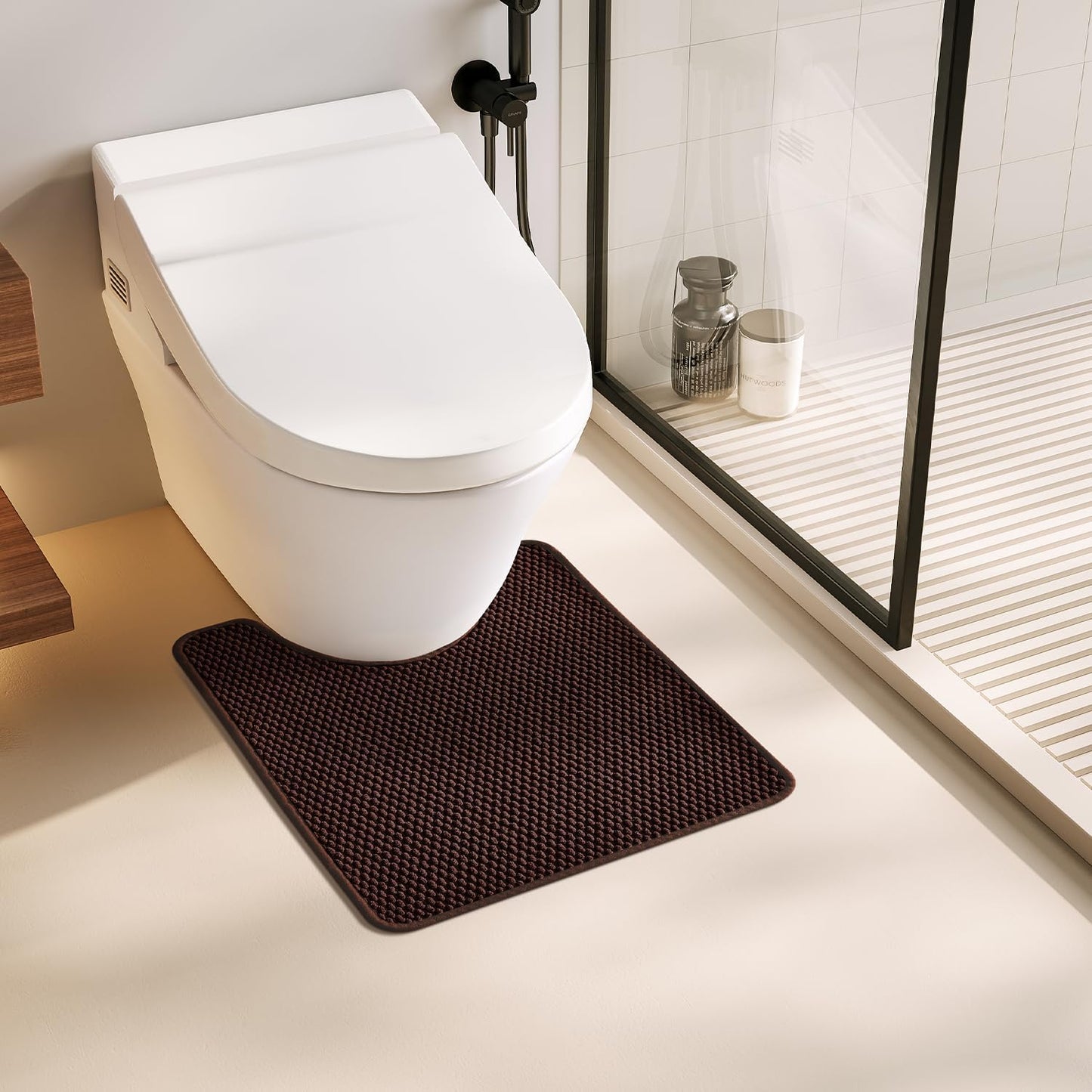 Toilet Rug, Thin Toilet Rugs U Shaped Washable Non Slip Absorbent Quick Dry Low Pile Toilet Mat, Brown 20"x24" U Shape