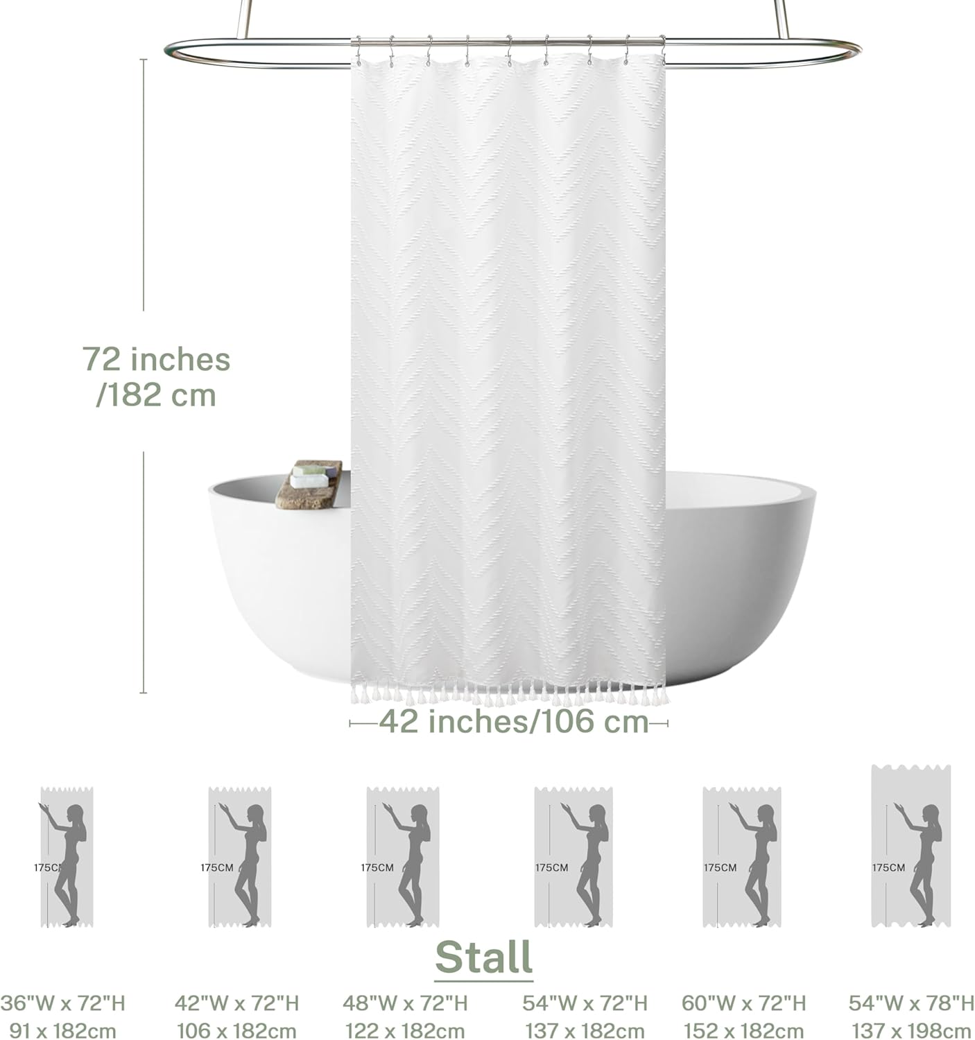 Stall Boho Shower Curtain White Tassel Woven Fabric Shower Curtain 42 x 72 Modern Farmhouse Textured Tufted Chevron Striped Minimalist for Bathroom, Closet Door