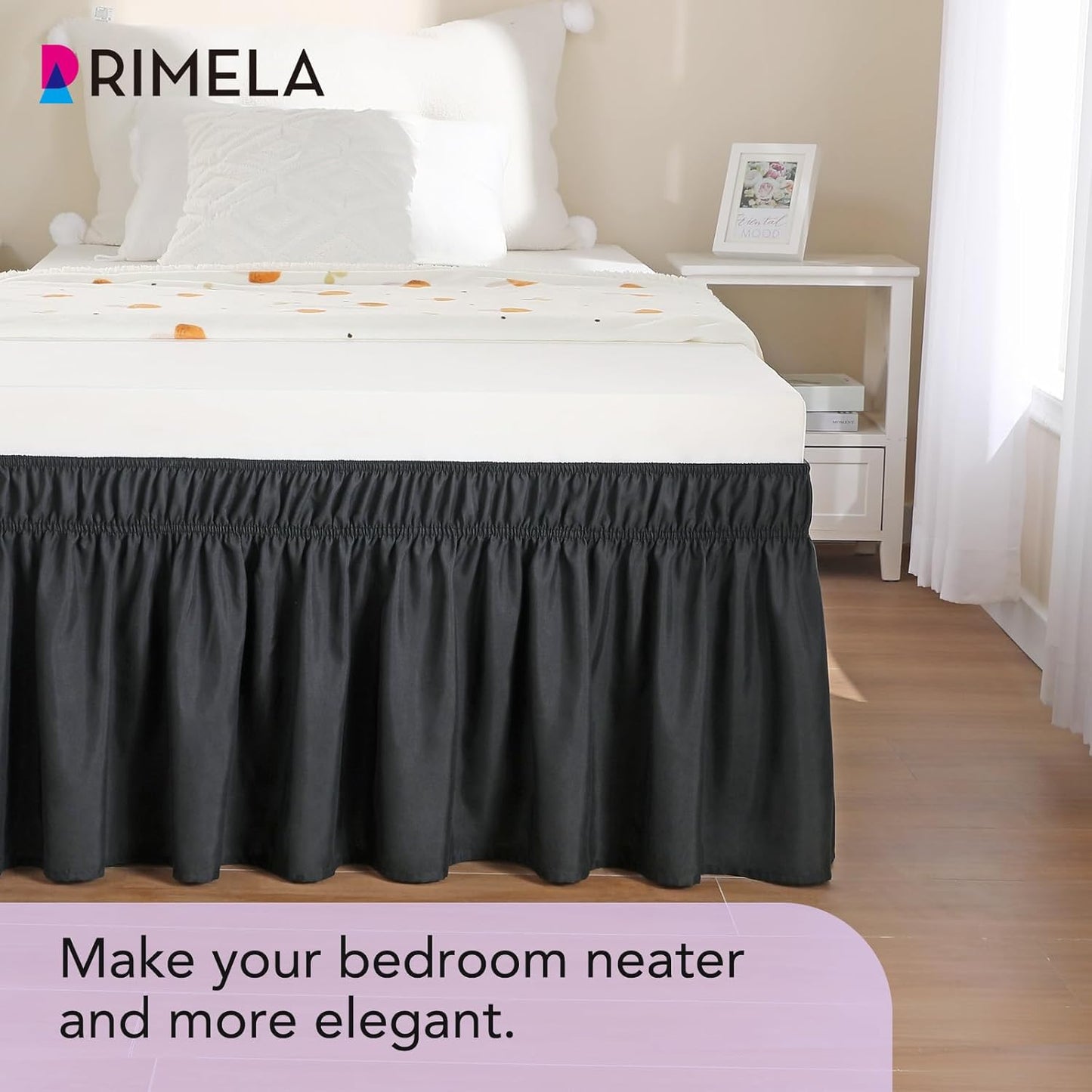 RIMELA Black Bed Skirt Twin Size 15 Inch Drop, Elastic Bed Skirting for Bed Base and Frame, Bedding Dust Ruffle Easy to Install, Lightweight Wrap Around Adjustable Bedskirt