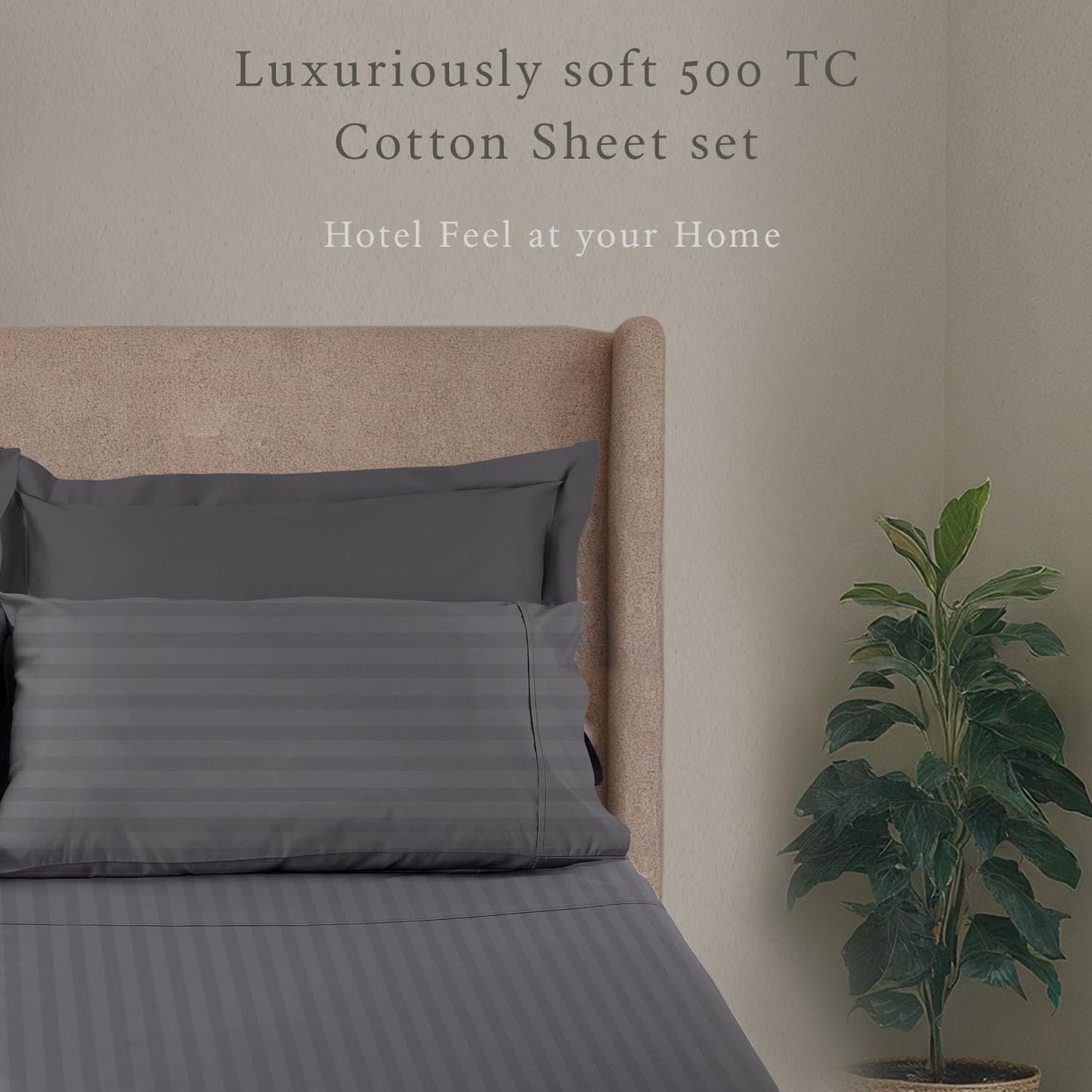 Threadmill 500 Thread Count Twin-XL Size Damask Stripe, 3 Pc Luxury Cotton Bed Sheet Set, Breathable Dark Grey Sheets with 15" Elasticized Deep Pocket, 1 Pillowcase & Free Tote Bag