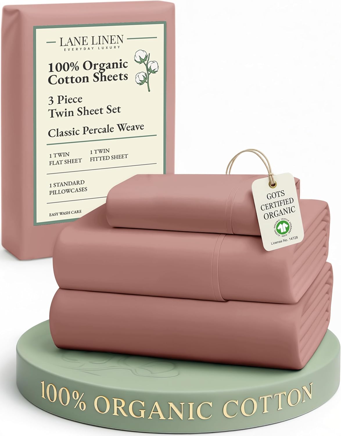 LANE LINEN 100% Organic Cotton Twin Sheet Set, Soft & Comfy Premium Bedding Sheets & Pillowcases, Luxury Hotel Like Percale Sheets, Reinforsed French Seam in Fitted Sheets Pocket - Rose Dawn