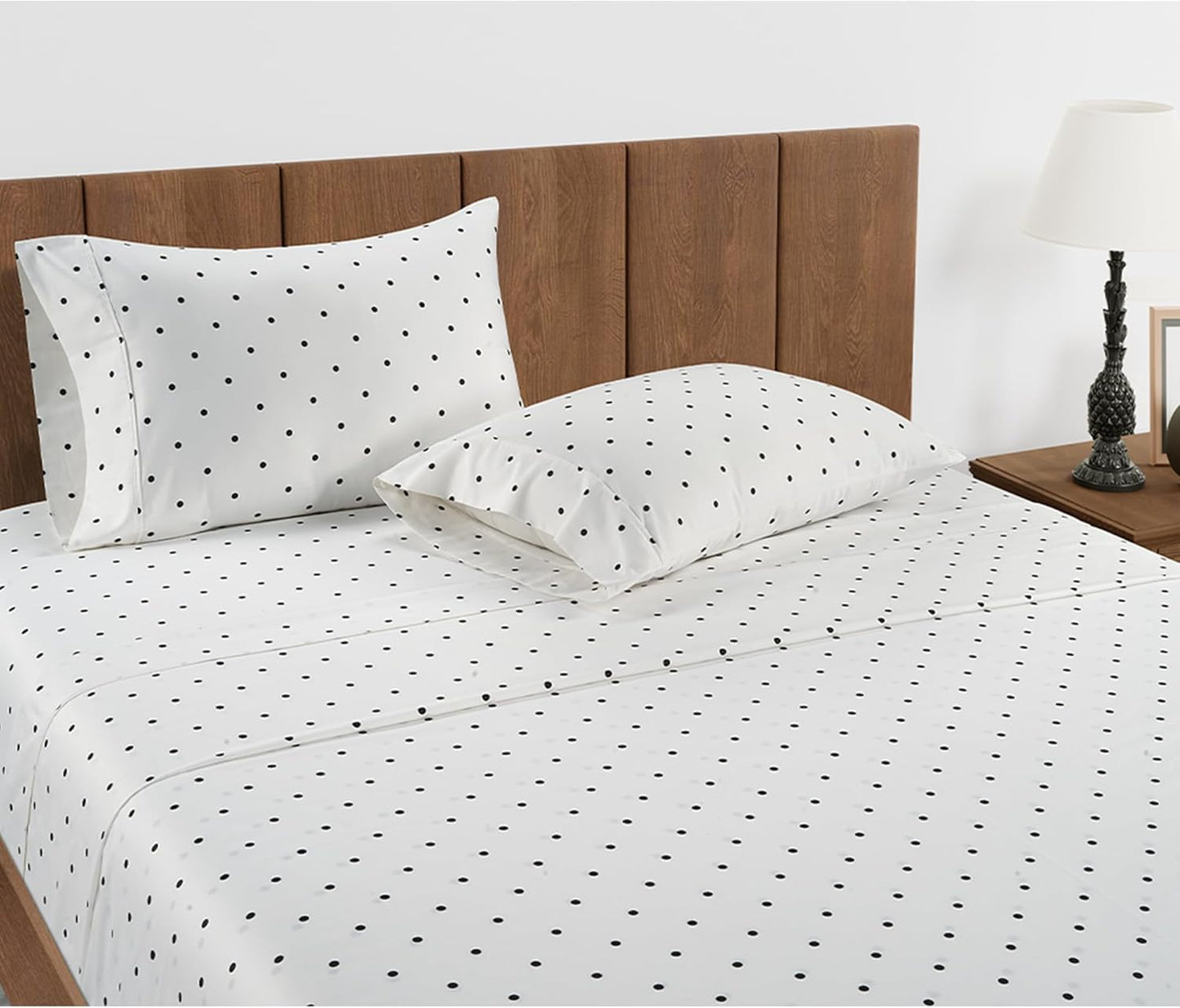LANE LINEN Twin Extra Long Sheets – 450 Thread Count Cooling Cotton Sheets, Soft & Comfy Sateen Weave, 15” Deep Pocket Fully Elasticized Fitted Sheet, Hotel Sheet & Pillowcase Set, Polka Dot Black