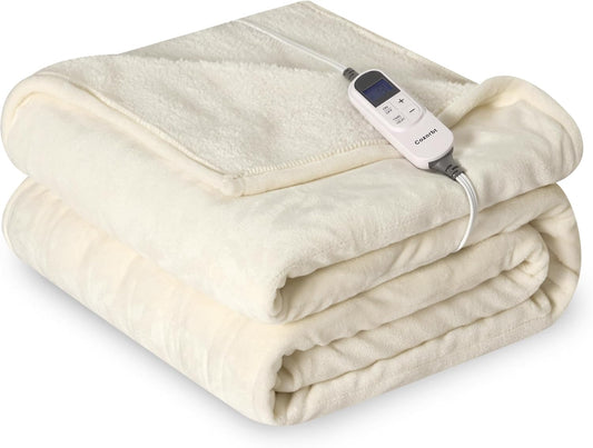 Heat Blanket 50”x60” Throw,Soft Flannel & Sherpa Reversible Electric Blanket with 10 Heat Settings,12 Timer Setting and 3 Hours Auto-Shut Off,ETL Certified Machine Washable,Ivory