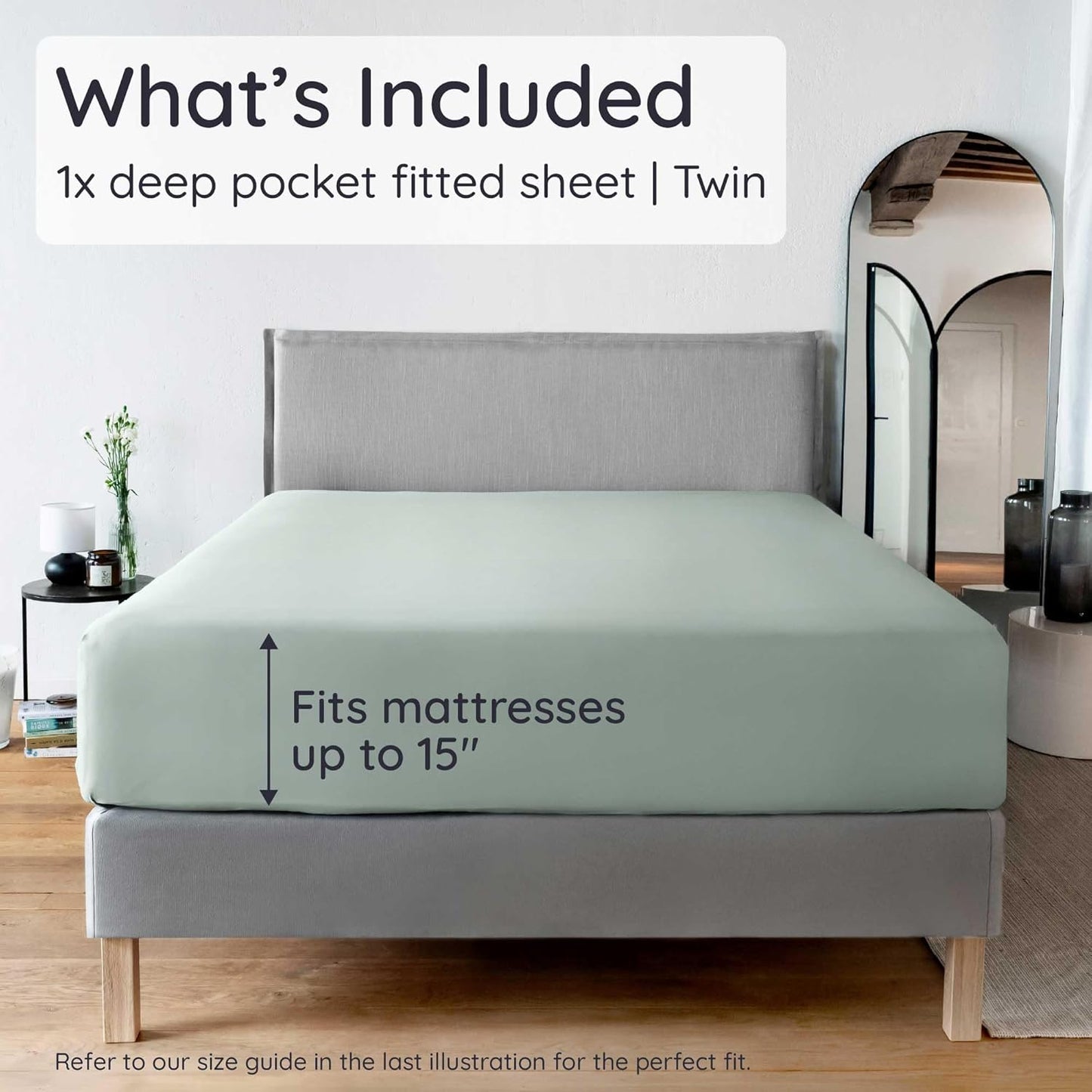 Bambaw 100% Viscose Derived from Bamboo Fitted Sheet Twin Size, 15’’ Deep Pocket Twin Fitted Sheet Only with Corner Straps, Cooling & Soft (Sea Glass)