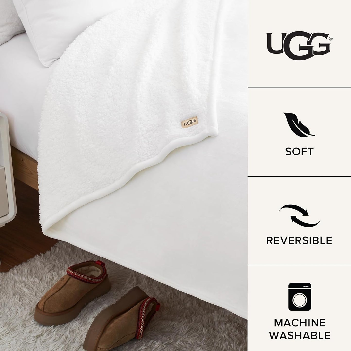 UGG Ariana Twin/Twin XL Blanket Fleece Fluffy Reversible Soft Fuzzy Bedding Cozy Big Plush Warm Oversized Bed Blanket Machine Washable Bedroom Decor for Dorm or Bed, 60-inch x 90-inch, White Snow