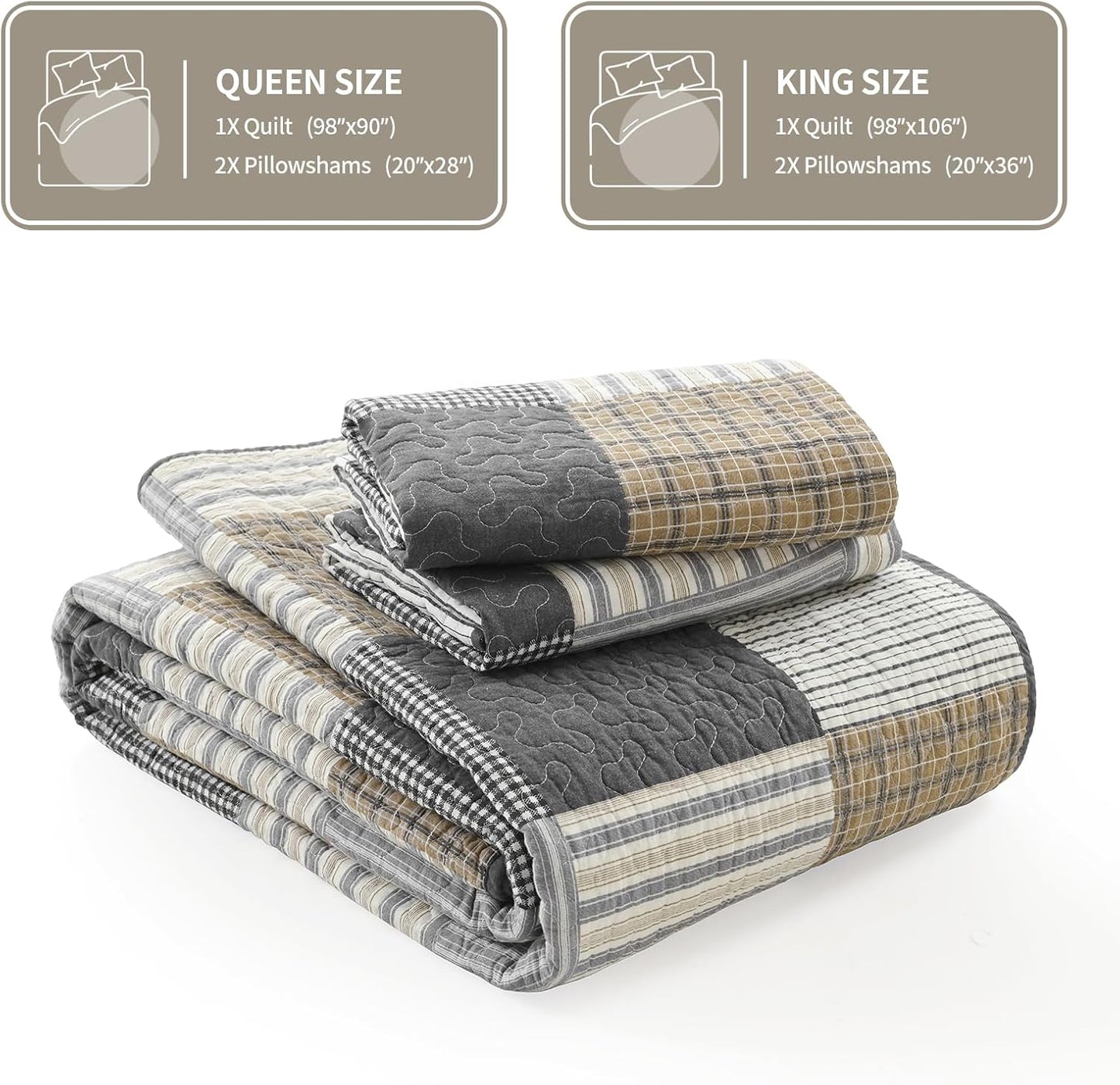 KALOOLA Plaid Quilts Queen Size, 100% Cotton Soft Lightweight Bedding Set 3 Pieces, Farmhouse Quilted Bedspread with 2 Pillowshams for Queen Bed, Grey White Black Coverlet for All Season