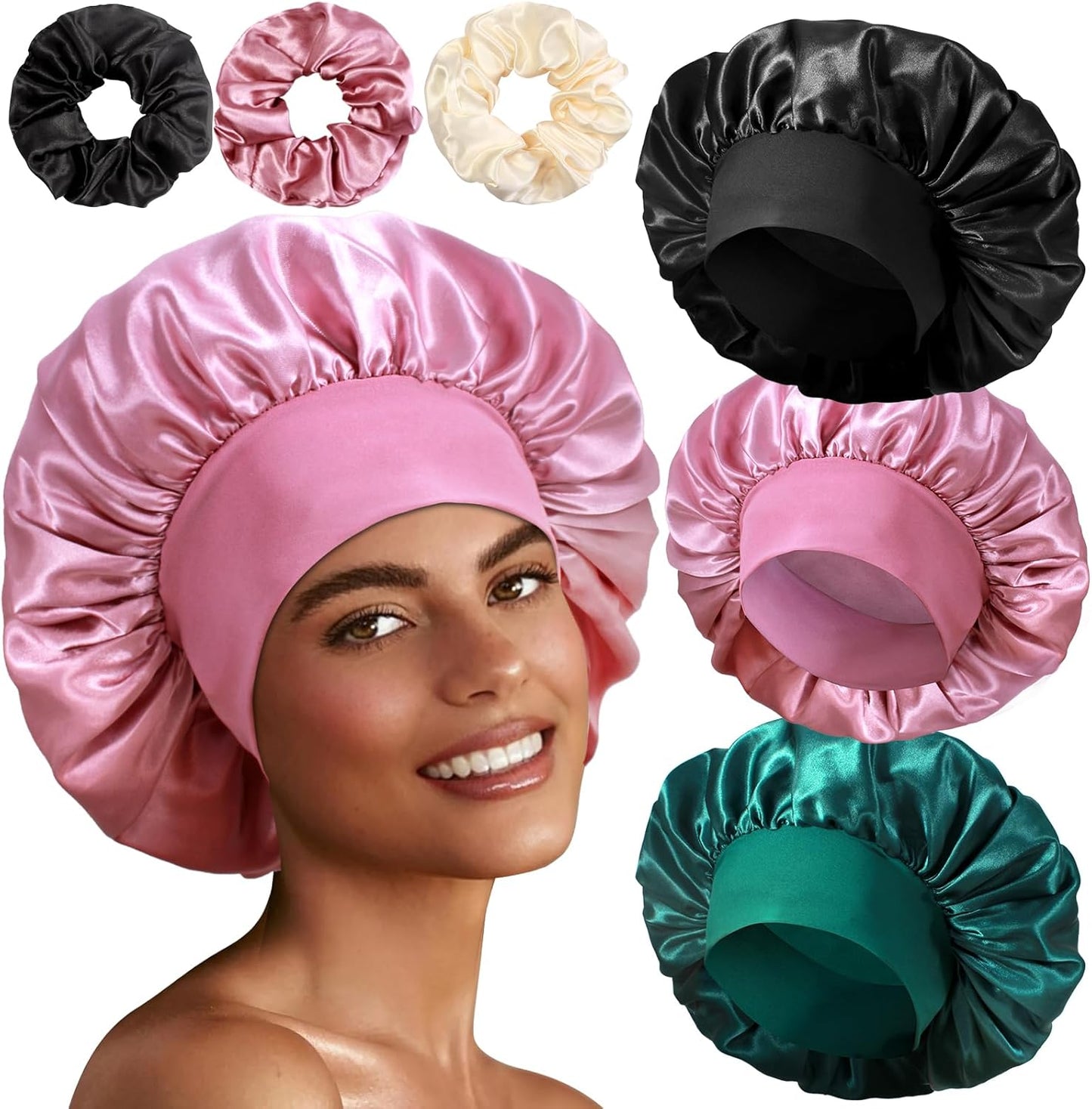 3+3 Large Satin Bonnets with Scrunchies for Women, Wide Band Hair Bonnet for Sleeping Braids Curly Hair